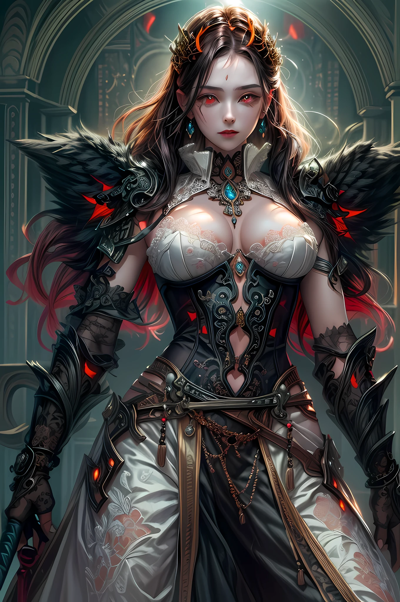 Arafed, dark fantasy art, gothic art, a picturr of a vampire ready for battle, female vampire, armed with a sword, wewring heavy armor LnF, armed with a sword, shining sword, ultra detailed face (intricate detailed, Masterpiece, best quality: 1.4), pale skin, gloeing eyes, red eyes, ultra feminine, pale skin, dynamic hair, dark fantasy urban street (intricate detailed, Masterpiece, best quality: 1.4), moon light, star light, clouds