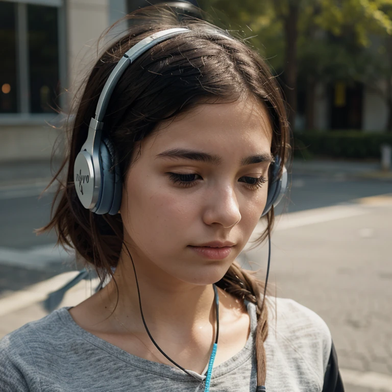 A girl with headphones and those headphones listen to the emotions of others 