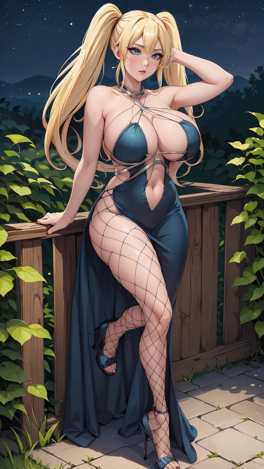 masterpiece, ultra high-quality, extremely detail 8k cg, high resolution, 1girl, narukouzumaki, twintails, wisker marks, blonde hair, blue eyes, perfect eyes, thin body, huge breasts, fakebreasts, evening gown, halterneck, criss-cross halter, tutututu, fishnet pantyhose, high heels, choker, beautiful face, outdoors, garden, night time, full shot photo, full body