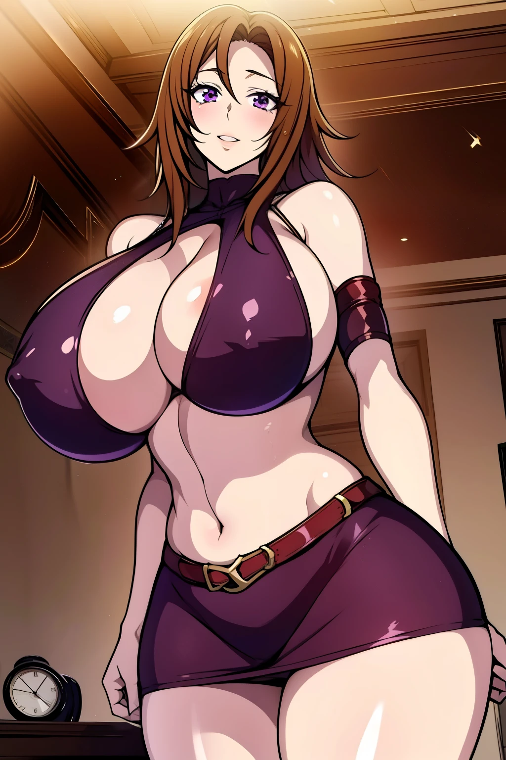 An anime-style artwork depicting Venelana Gremory from the anime High School DxD.
Tags: Venelana Gremory, anime, detailed eyes, detailed lips, ass, bare shoulders, 1girl, brown hair, (purple eyes), pencil skirt, short hair, miniskirt,curvy, thighs, higheels, shiny clothes, skin tight, cleavage, solo, huge breasts, smiling expression, intense gaze, dynamic pose, indoor, palace, vibrant colors, digital art, high-resolution, professional quality, gigantic breasts, (underboob : 1.4), curvy, cowboy shot, (gigantic breasts: 1.4),