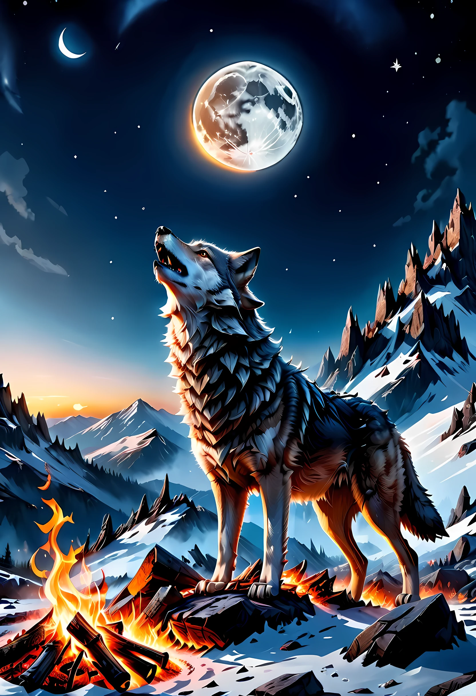 drkfntasy, faize, a National Geographic style, picture of bonfire at dawn on top of snowy mountain, you can see the moon  and the stars, an image of a wolf howling in the background, high details, best quality, highres, ultra wide angle