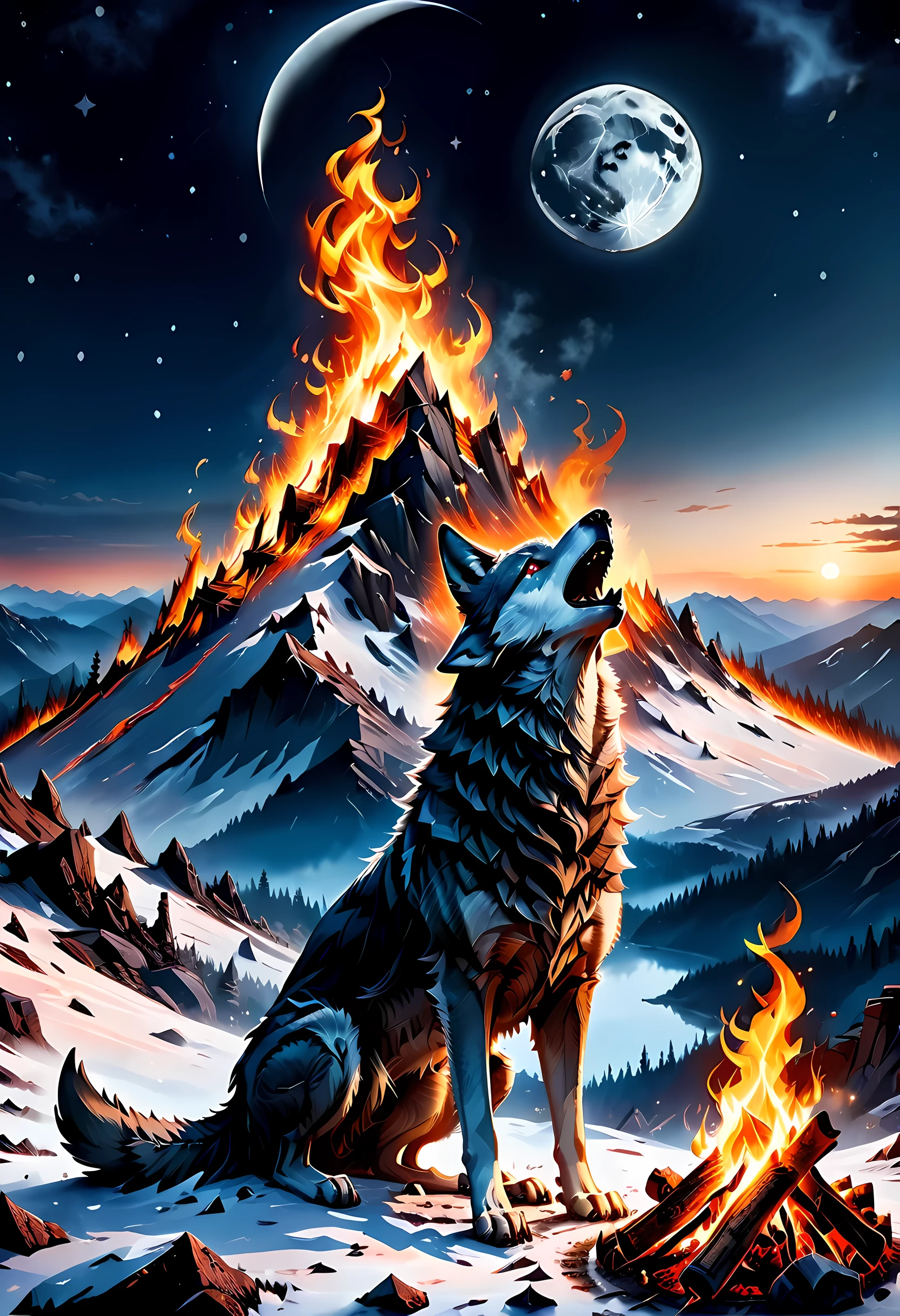 drkfntasy, faize, a National Geographic style, picture of bonfire at dawn on top of snowy mountain, you can see the moon  and the stars, an image of a wolf howling in the background, high details, best quality, highres, ultra wide angle
