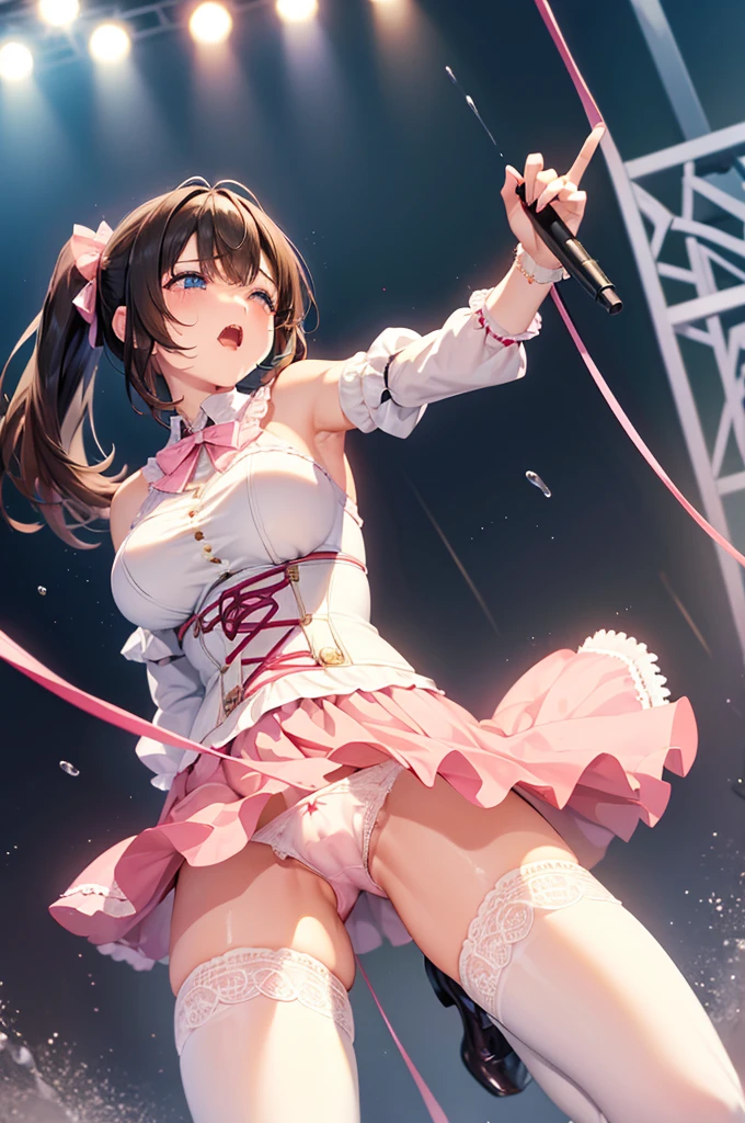 Adult female、The exact number of fingers、Exact number of legs、Exact number of arms、bangs, Ribbon Ponytail, brown hair, (blush:1), (Put one hand in your panties:1.8), Fingering, (Pussy juice:1.2), Cum in mouth, (A woman is holding a microphone and is about to sing:1.5)、white and navy idol costume、The costume comes with a navy blue idol-style corset.., The costume has a ribbon attached to its collar..、It is a costume that covers up to the shoulders., side, upper arm, and arms., That costume only opens wide at the chest..、Knee-high socks、white idol style skirt, (Underwear with elaborate and luxurious decorations:1.3), Ribbon at collar., (White and pink panties with lots of lace:1.3), White Lace Bra:1.2), sexyな下着, Knee socks、 Beautiful big breasts, (Erect nipples:1), Her skirt is flipped up、highest quality, High resolution, (Fine and beautiful eyes:1.6), Highly detailed face, Perfect lighting, Highly detailed CG, (Perfect hands, Perfect Anatomy),Embarrassed expression、The expression of someone who is holding back from going to the toilet, (Sexual pleasure expression:1.4), (Expressions of anguish:1.2)、close your eyes、sexyな見た目、Look Up、mouth half open、climax、(Live Stage、Many spectators:1.3)、whole body、A huge amount of semen drips onto her breasts.、A huge amount of semen drips down her thighs、A huge amount of semen drips down her thighs、Covered in semen、Covered in semen、A huge amount of semen drips onto her breasts、A huge amount of semen drips onto her breasts.、A huge amount of semen drips down her thighs、A huge amount of semen drips down her thighs、Covered in semen、Covered in semen、After the Rape、After sex、Torn clothes、A huge amount of semen spills out of her mouth and drips onto her breasts. 、Crying face、nakedの女性、naked、sexy、Have sex with a man最中、During sex、that'I'm inside、Have sex with a man、Have sex with a man、The penis is inserted into the vagina、The penis is inserted into the vagina、No fixes、A man's penis is thrust up from below、