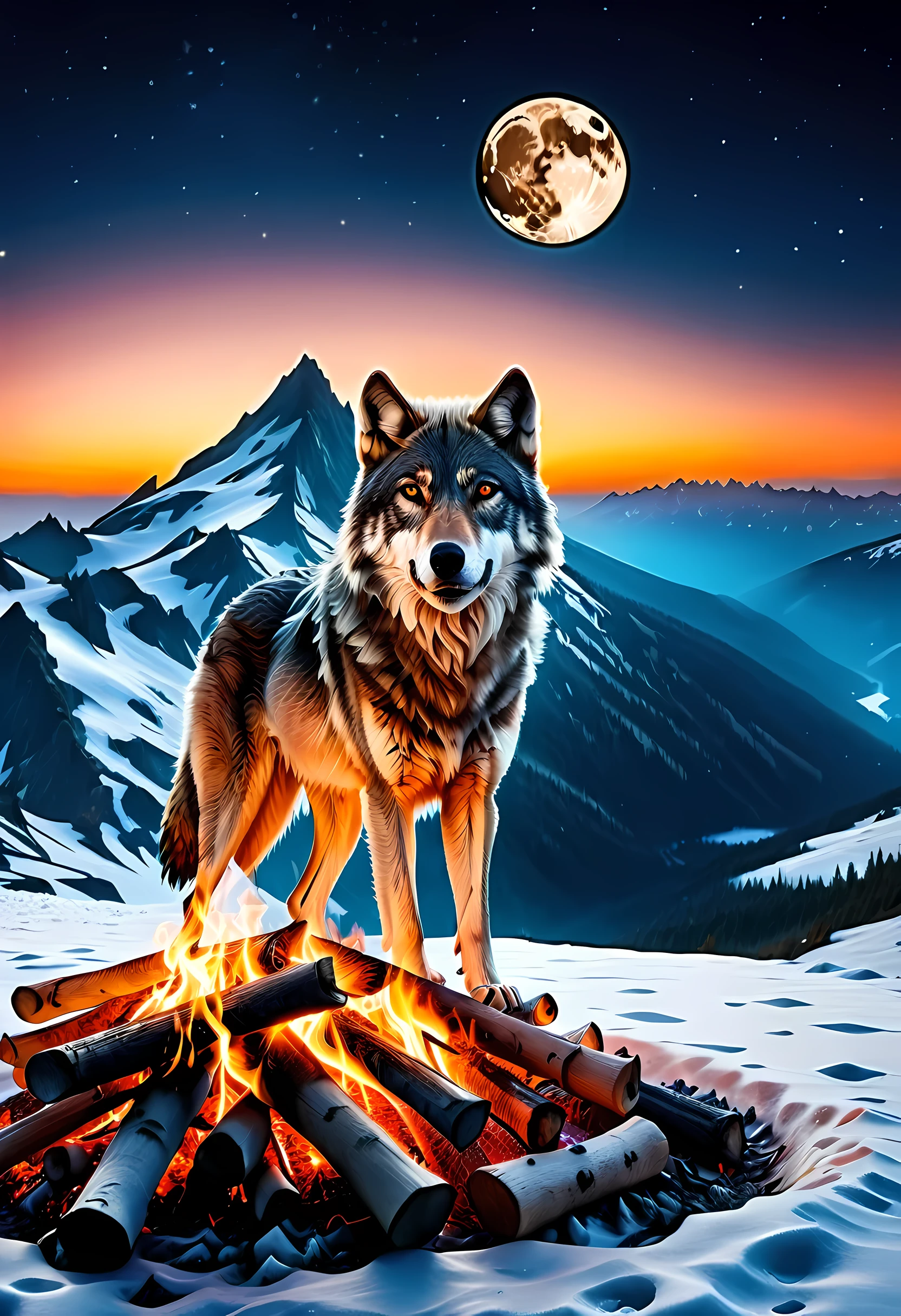 drkfntasy, faize, a National Geographic style, picture of bonfire at dawn on top of snowy mountain, you can see the moon  and the stars, an image of a wolf howling in the background, high details, best quality, highres, ultra wide angle