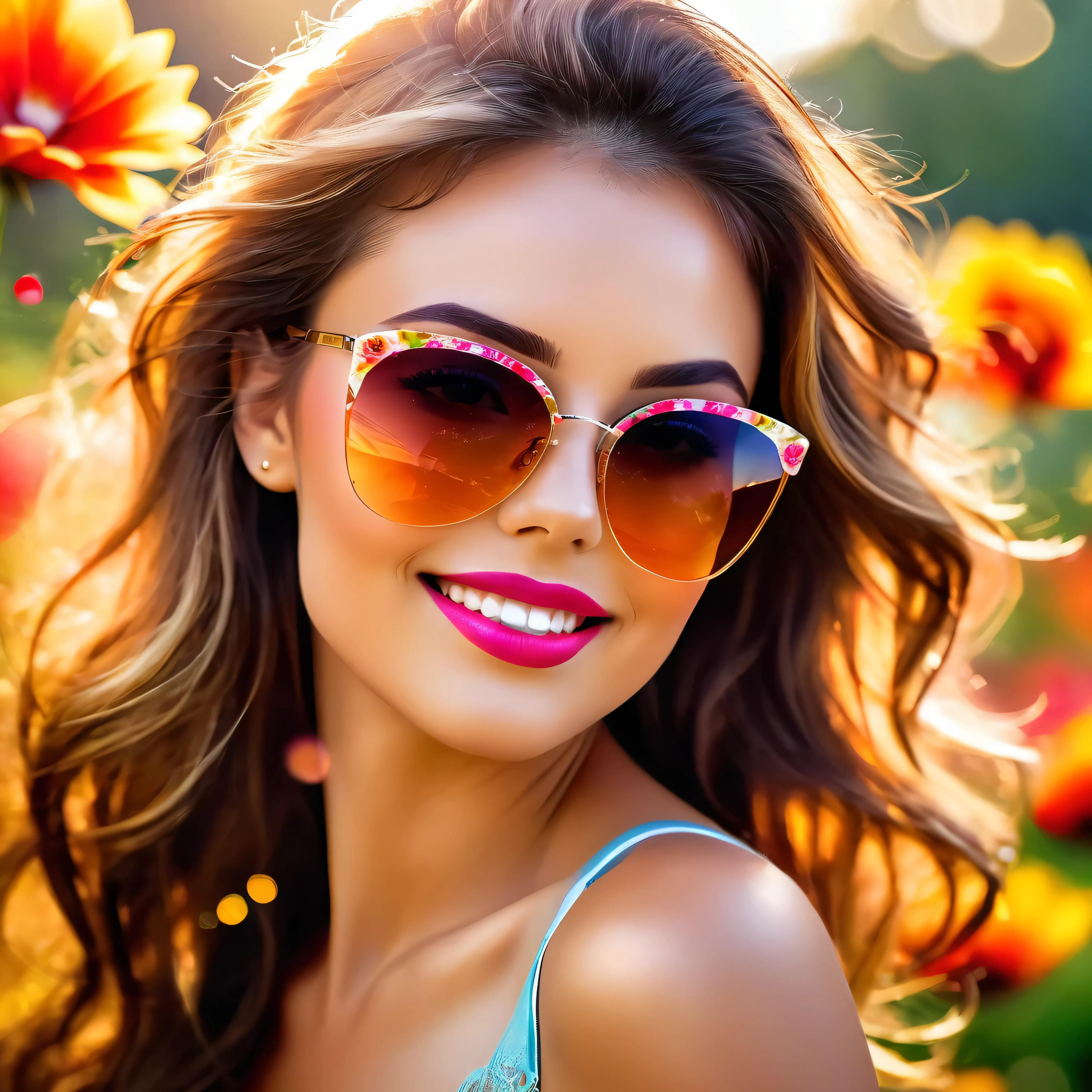 (best quality, ultra highres,masterpiece:1.2),ultra-detailed,(realistic,photorealistic,photo-realistic:1.37),1teen,bright vibrant colors,vivid expressions,portrait,soft sunlight,beautiful detailed eyes,beautiful detailed lips,natural makeup,fashionable outfit,fresh flowers in hair,relaxed pose,summer garden,happiness,blonde hair,lovely smile,teenage girl,stylish sunglasses,bokeh,subtle warmth,gentle breeze,graceful movements,dewy skin,labelle:1.1,artistic brush strokes. --v 6 --s 1000 --c 20 --q 5