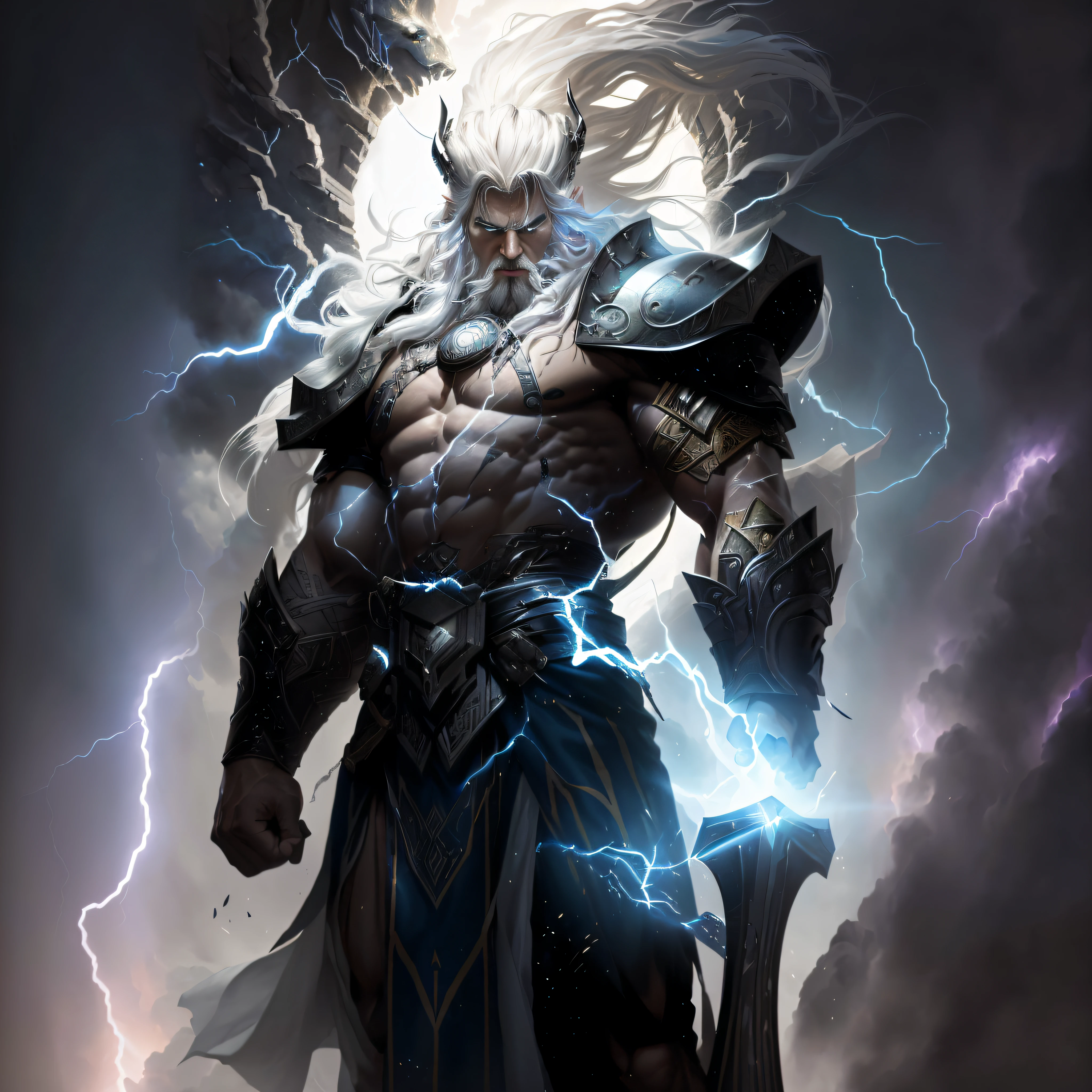 a close up of a man with a sword and lightning in his hand, furious god zeus, the god of thunder, god of thunder, epic scene of zeus, epic fantasy character art, the god zeus, black thor, godrays digital painting, painted portrait of rugged zeus, fit male demon with white horns, norse god, storm egyptian god