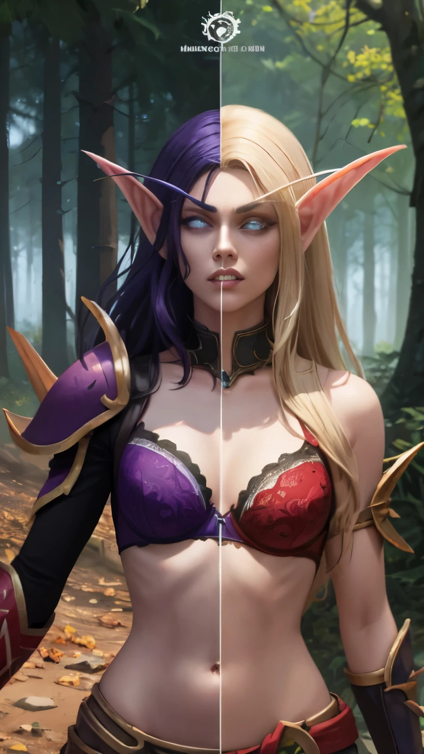 (Masterpiece, highly detailed, highly quality,  highly resolutions), SplitScreen, split screen, BREAK nightelf, angry, clenched teeth, glowing eyes, blue eyes, Purple Hair, colored skin, mature female, purple bra, navel, purple spike shoulder pad, platinum trim, leaves, jewelry, looking at viewer, forest, night, bare shoulders, naturestyle, SplitScreen, split screen, BREAK bldelf, angry, clenched teeth, glowing eyes, yellow eyes, Blonde hair, colored sclera, mature female, red midriff, navel, red shoulder pad, gold trim, leaves, jewelry, looking at viewer, forest, day, bare shoulders, Fall season