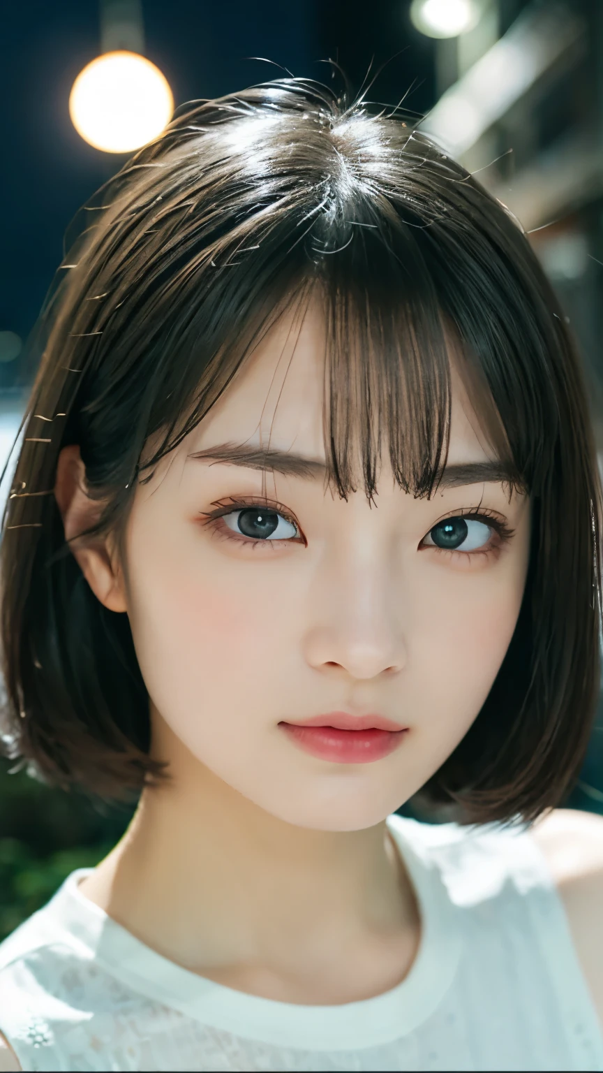 masterpiece, highest quality, 8k, 15 years, , RAW Photos, Absurd, Award-winning portrait, alone, night, neon, Idol's face, Violet, Gardenias, Delicate girl, Upper Body, Digital SLR, View your viewers, Frank, Sophisticated, like々Shii, Thin arms, Professional Lighting, Film Grain, chromatic aberration, (Detailed eyes and face:1.0), (Bokeh:1.1)