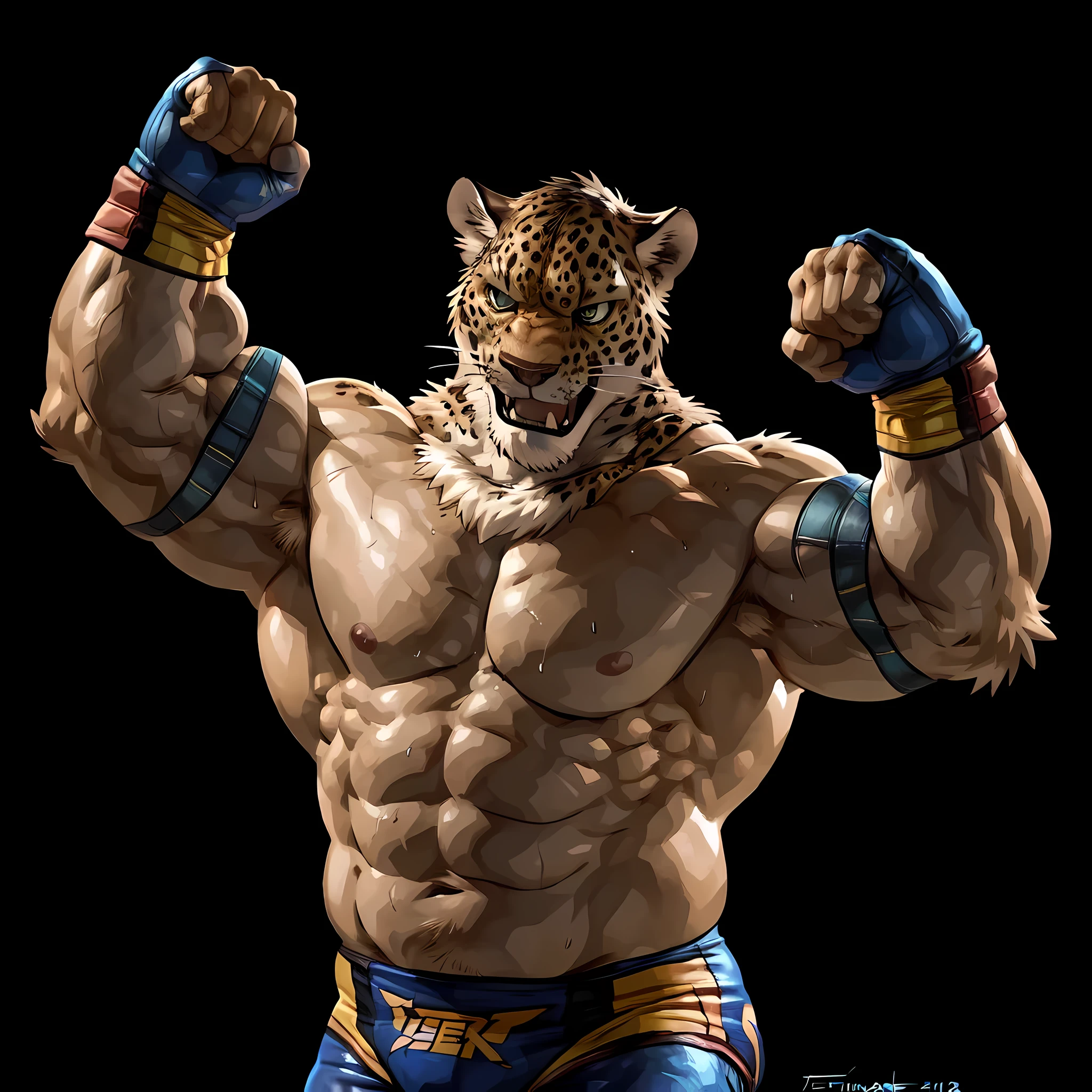 king, tekken, 4k, high resolution, best quality, detailed, posted on e621, solo, human body, jaguar head, male, very muscular, (black background, plain background:1.1), correct anatomy, skin, (realistic skin, realistic lighting, strong shadows, dramatic lighting):1.3, (by wfa, by takemoto arashi, by meesh, by Taran Fiddler):0.8, sweat:1.4, steamy body:1.2, detailed jaguar eyes, wrestling outfit, bare chest, shirtless, wrestling gloves, flexing arms, flexing biceps, angry face