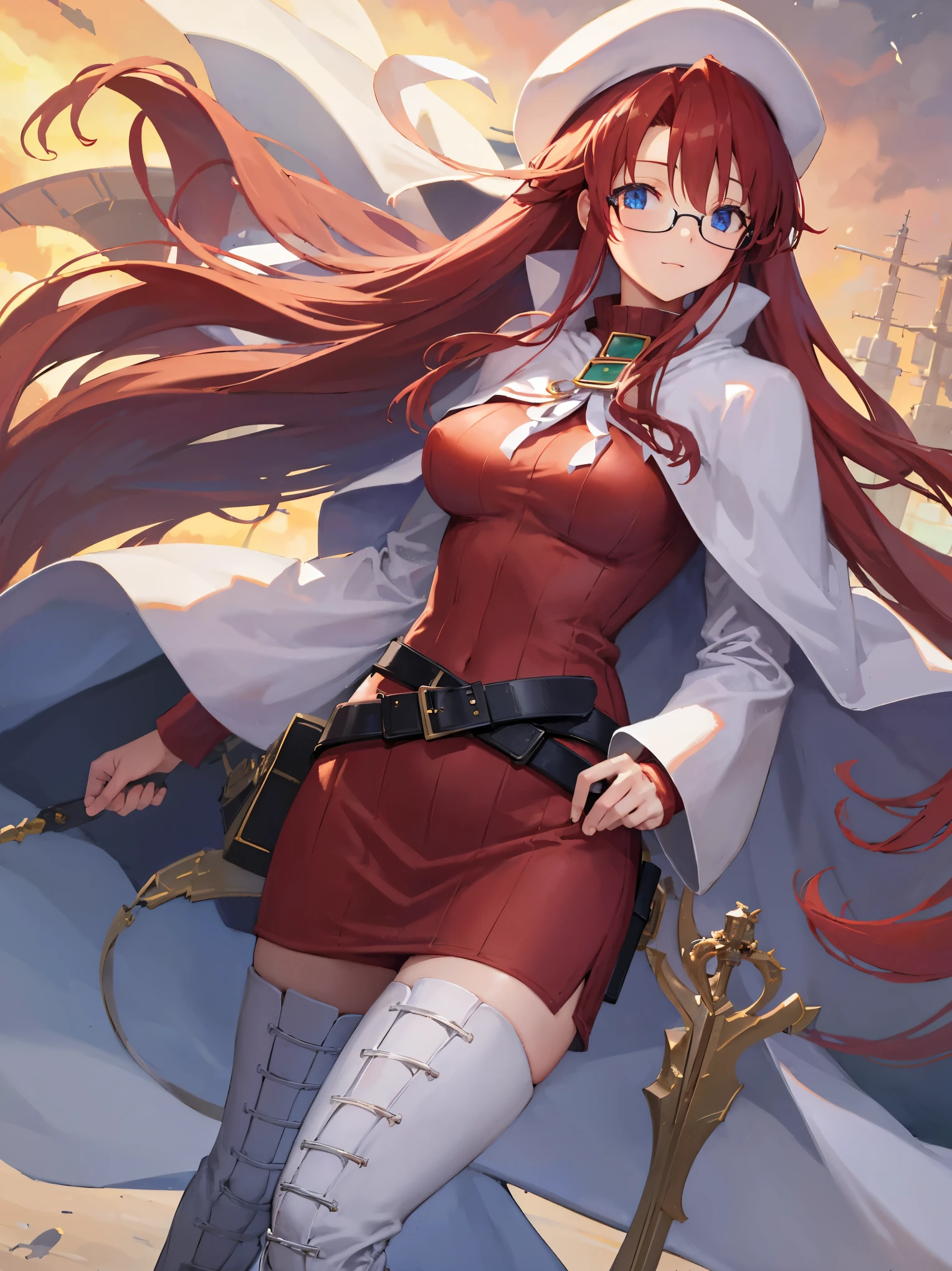 summonnightaty, aty, long hair, blue eyes, red hair, beret, hat, glasses,
BREAK long hair, thighhighs, hat, dress, boots, glasses, belt, cape, sweater, zettai ryouiki, beret, thigh boots, white footwear, ribbed sweater, loose belt,solo,
BREAK outdoors, fantasy,on_a_ship,
BREAK (masterpiece:1.2), best quality, high resolution, unity 8k wallpaper, (illustration:0.8), (beautiful detailed eyes:1.6), extremely detailed face, perfect lighting, extremely detailed CG, (perfect hands, perfect anatomy),covered_nipples,covered_navel,light_smile ,(half_eyes:1.4),long_sword,edge,armpit,sleepy,dynamic_standing,red_sweater,apart_legs,magical_effect,pulmp,big_tits,light_open_mouth,prepare_a_sword