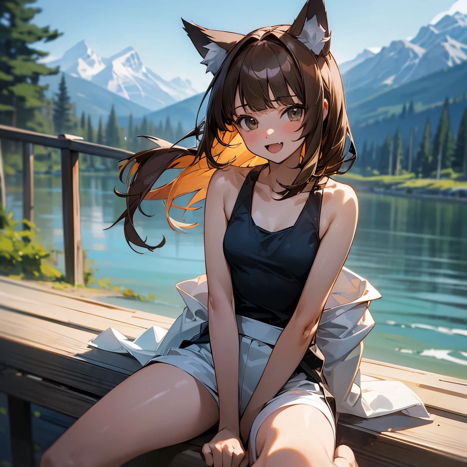 ((Masterpiece)), ((best quality)), (Anime:1.3), (RAW photo:1.2),(High Definition:1.3), (Professional Photography:1.4), ((12 years old)), 8K, Glossy skin, cinematic lighting, 1girl, wide-shot, (Knit fabric tank top), (Cute innocent teenage girl), slendar body, small breast, glossy medium hair, (loose blunt bangs), ((:3)), open mouth, fang out, (naughty smile), beautiful collarbones, (slightly exposed shoulders), (put on wolf ears), pale brown hair, Hair that flutters in the wind, BREAK, ((best quality)), (sitting on Canadian Rockies), summerday, Beautiful Mountains Background,