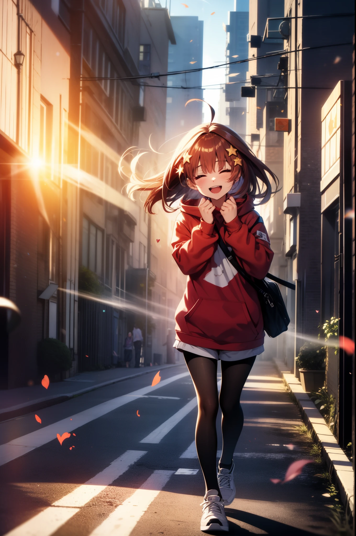 itsukinakano, Itsuki Nakano, bangs, Ahoge, Redhead, star \(symbol\), close your eyes,hair ornaments, star hair ornaments,happy smile, smile, Open your mouth,Short braided hair,red oversized hoodie,Shorts,White Pantyhose,high cut sneakers,(Great Laugh:1.1), (Open your mouth:1.1), Sun glare, Bokeh, Written boundary depth, blurred background, Particles of light, Strong winds, (Heart Particles:1.1)
Outdoor break, city,Destroy a building area (masterpiece:1.2), highest quality, High resolution, unity 8k wallpaper, (shape:0.8),  Highly detailed face, Perfect lighting, Extremely detailed CG, (Perfect hands, Perfect Anatomy),