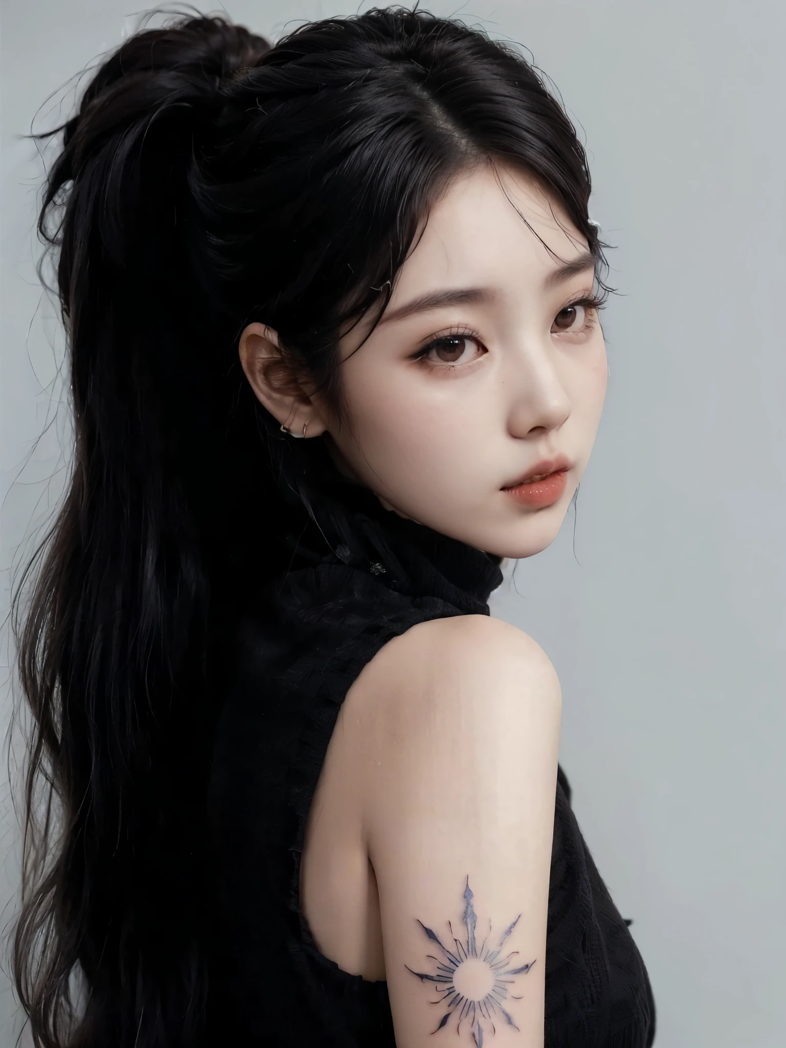 un primer plano de una mujer con un tatuaje en el brazo, jinyoung shin, maquillaje popular de corea del sur, hermosa mujer surcoreana, muchacha coreana, iu lee ji-eun como supervillano, maquillaje coreano popular, cola de caballo pelo negro, ella tiene el pelo negro con flequillo, female korean idol portrait, heonhwa choe, pelo cortado hime negro, pelo de cola de caballo negro