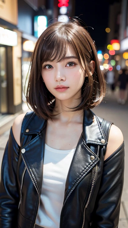 (((Straight shoulder-length brown mini bob)))、(((目が細くLight eye makeup)))、(((standing alone on the rider'Black leather jacket with the backdrop of a nighttime Kabukicho alley.)))、(((Please come wearing clothes that cover your arms...)))、Half Japanese and Korean、18-year-old girl、independent、Look forward、Light eye makeup、Brown Hair Color、flat 、Hair blowing in the wind、quality of actress、Shiny, Ultra-realistic faces、smileの表情、Watery eyes、look up、Calming lighting effects、 Ultra-Realistic Capture、Very detailed、High resolution 16K human skin close-up。Skin texture must be natural、Must be so detailed that pores are visible、skin is healthy、Must be an even tone、Use natural light and color、High quality photos taken by a modeling agency'Exclusive photographer、smile、(((Sigma 300mm F/2.8,1/1000 sec shutter,ISO400)))