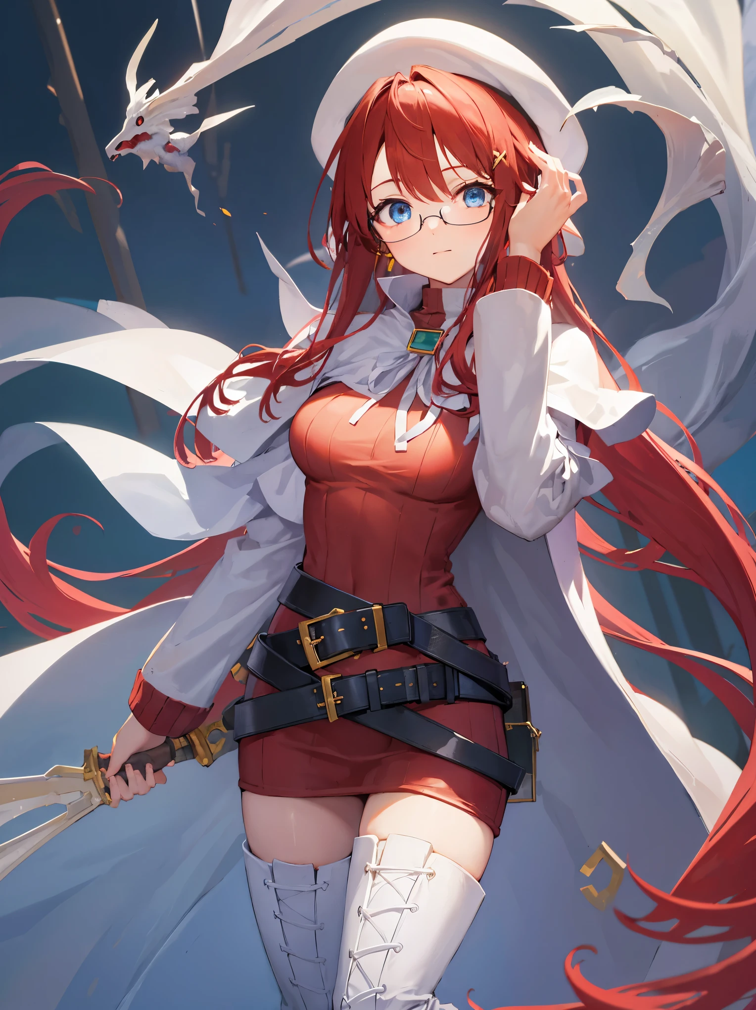 summonnightaty, aty, long hair, blue eyes, red hair, beret, hat, glasses,
BREAK long hair, thighhighs, hat, dress, boots, glasses, belt, cape, sweater, zettai ryouiki, beret, thigh boots, white footwear, ribbed sweater, loose belt,solo,
BREAK outdoors, fantasy,on_a_ship,
BREAK (masterpiece:1.2), best quality, high resolution, unity 8k wallpaper, (illustration:0.8), (beautiful detailed eyes:1.6), extremely detailed face, perfect lighting, extremely detailed CG, (perfect hands, perfect anatomy),covered_nipples,covered_navel,light_smile ,(half_eyes:1.4),long_sword,edge,armpit,sleepy,dynamic_standing,red_sweater,apart_legs,magical_effect,pulmp,big_tits,light_open_mouth,prepare_a_sword