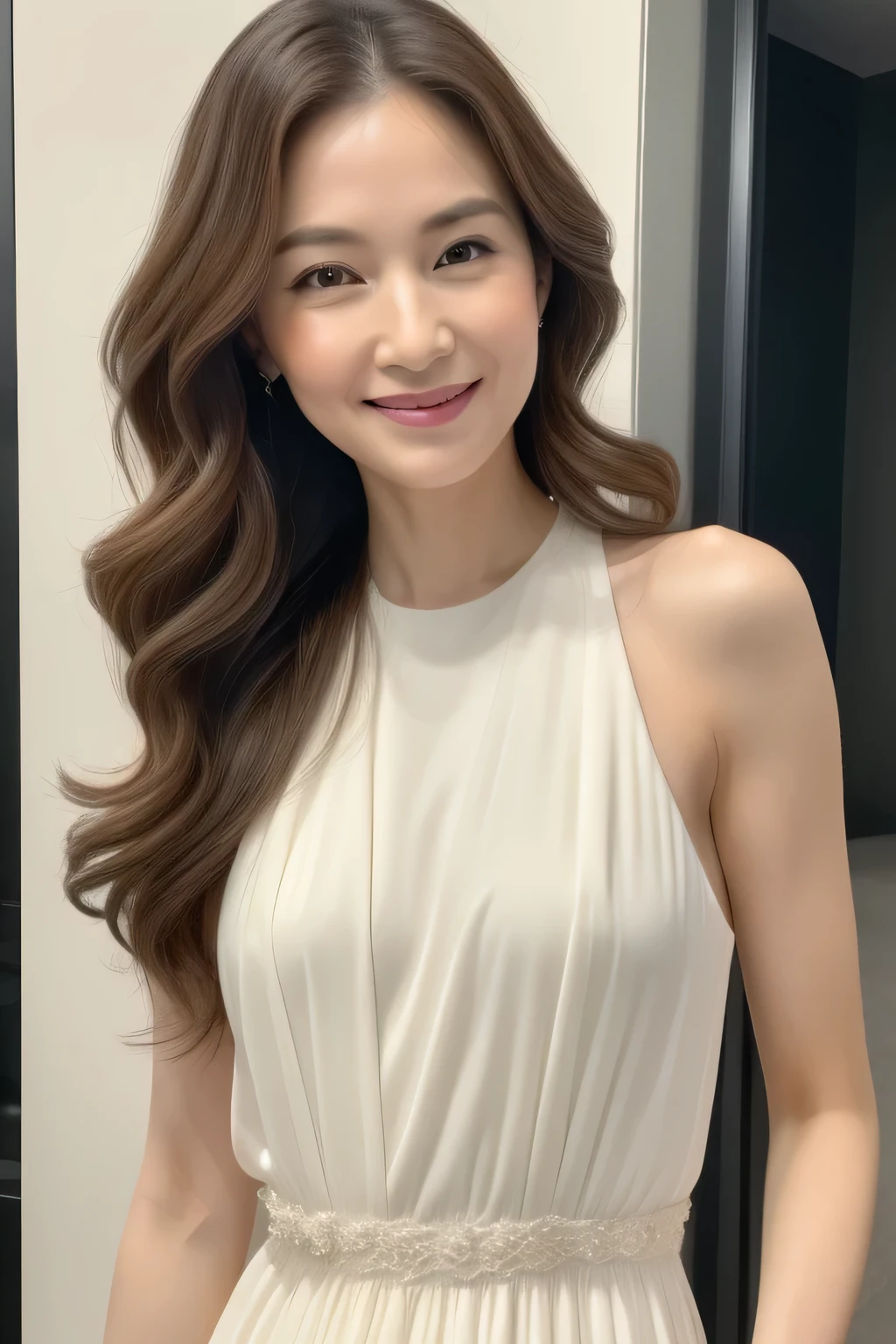 ((Best quality, 8K, Masterpiece :1.3)), 1 woman with an exquisite figure: 1.3, (long, wavy hair: 1.2), slim waist: 1.2, detailed facial features: 1.4, soft, glowing skin texture: 1.5, wearing a chic, elegant dress: 1.1, standing confidently with a gentle smile: 1.2.