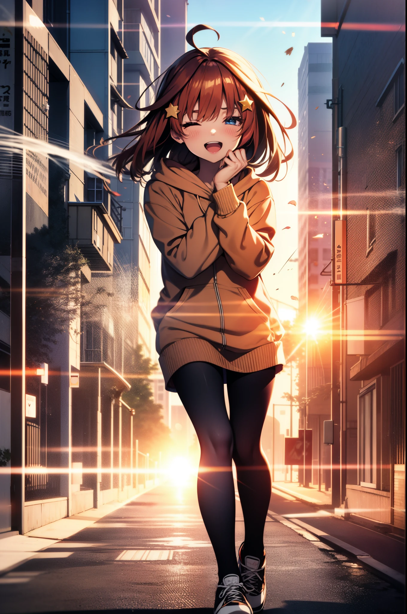 itsukinakano, Itsuki Nakano, bangs, blue eyes,Ahoge, Redhead, star \(symbol\), close your eyes,hair ornaments, star hair ornaments,happy smile, smile, Open your mouth,Short braided hair,red oversized hoodie,Shorts,White Pantyhose,high cut sneakers,(Great Laugh:1.1), (Open your mouth:1.1), Sun glare, Bokeh, Written boundary depth, blurred background, Particles of light, Strong winds, (Heart Particles:1.1)
Outdoor break, city,Destroy a building area (masterpiece:1.2), highest quality, High resolution, unity 8k wallpaper, (shape:0.8),  Highly detailed face, Perfect lighting, Extremely detailed CG, (Perfect hands, Perfect Anatomy),