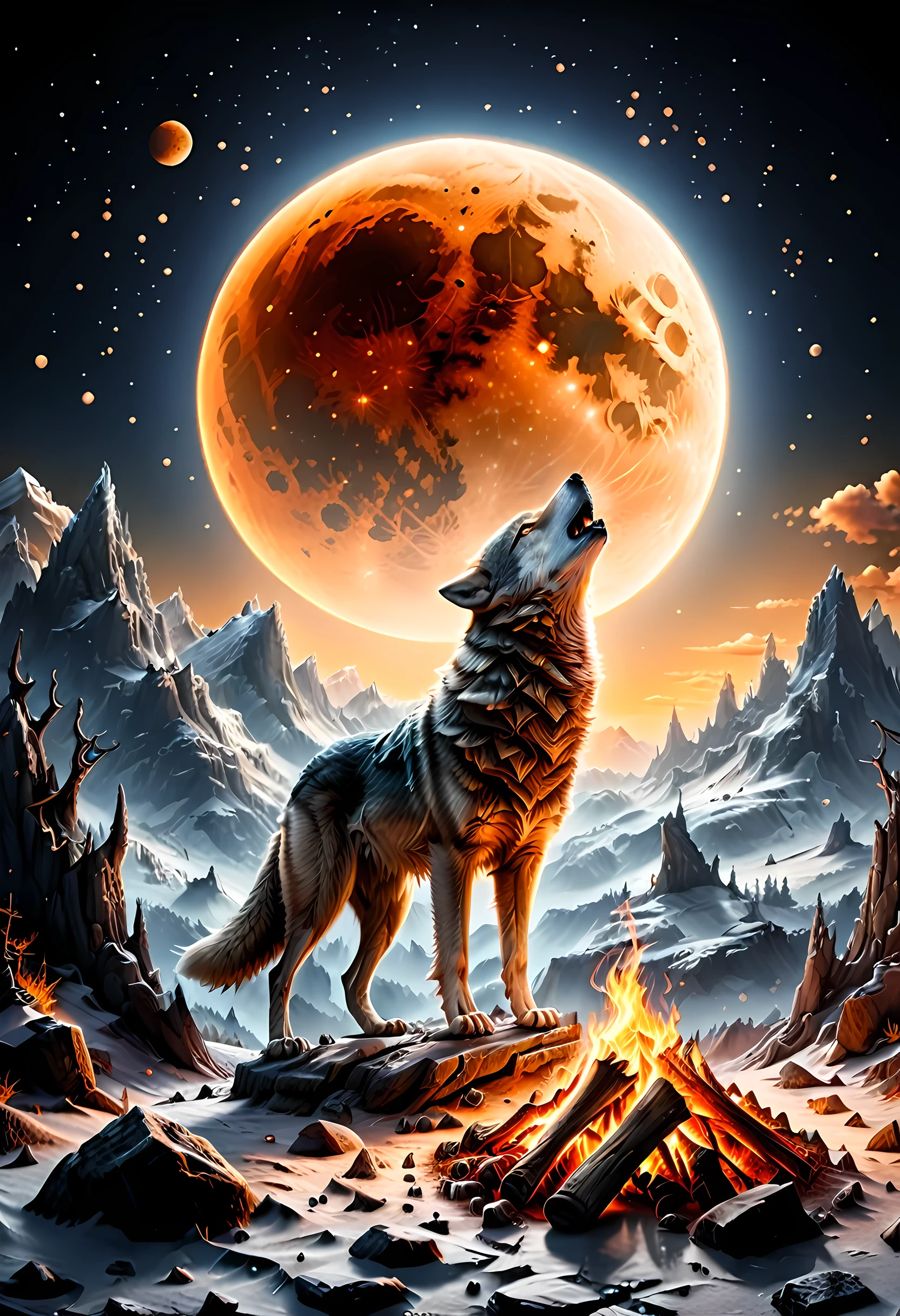 drkfntasy, faize, BJ_Full_Moon a National Geographic style, picture of bonfire at dawn on top of snowy mountain, you can see the moon  and the stars, an image of a wolf howling in the background, high details, best quality, highres, ultra wide angle