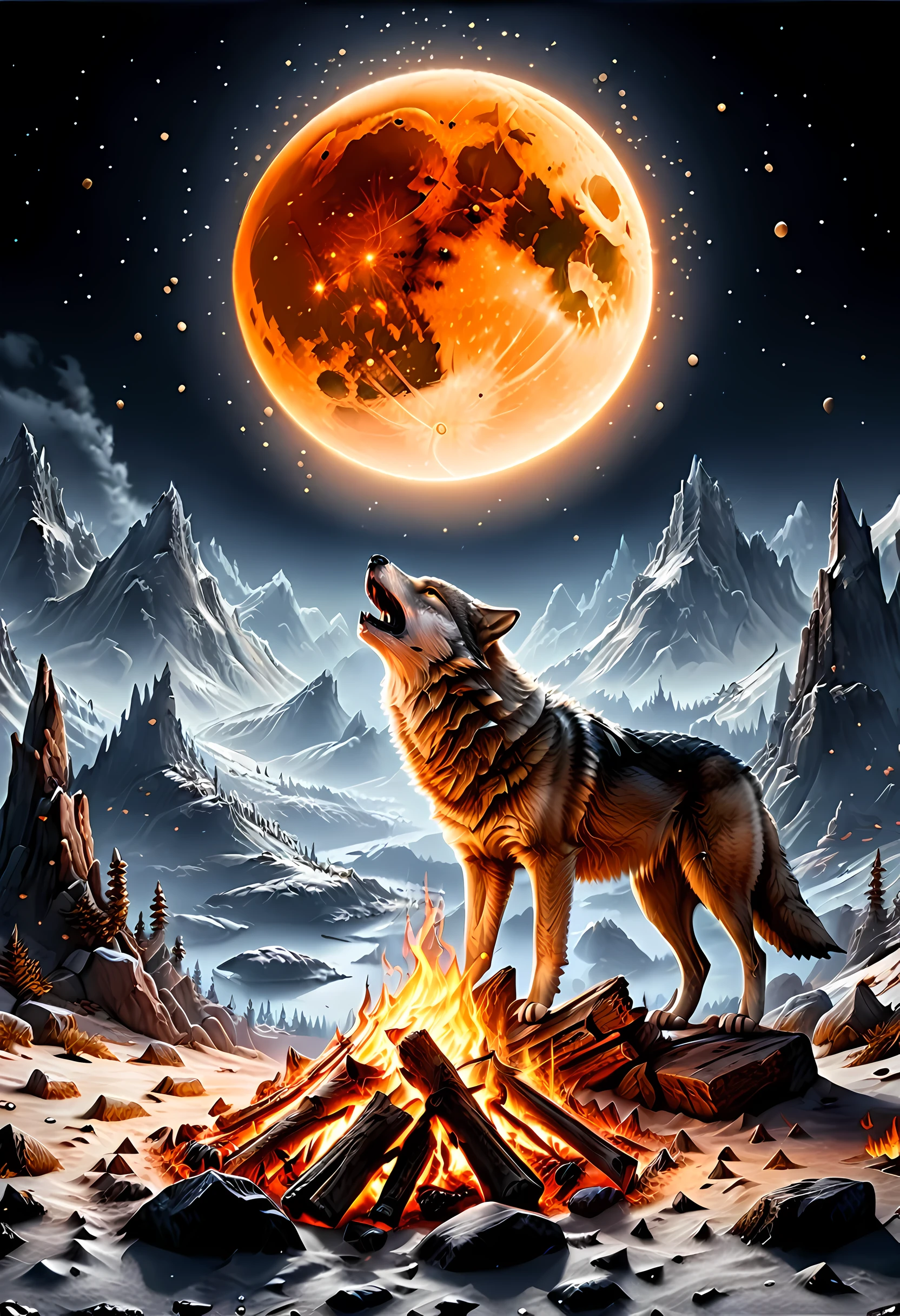 drkfntasy, faize, BJ_Full_Moon a National Geographic style, picture of bonfire at dawn on top of snowy mountain, you can see the moon  and the stars, an image of a wolf howling in the background, high details, best quality, highres, ultra wide angle