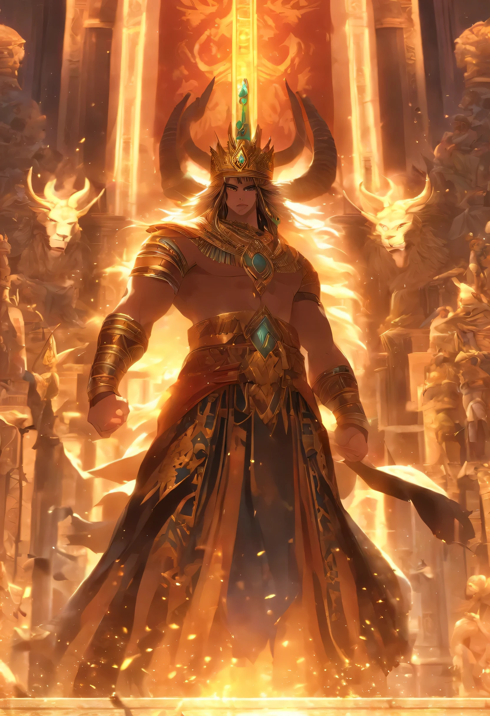 (((King of Babylon))) Best quality, Ultra-high resolution, 4K detailed CG, master piece, Man, Black hair, standing, Crowns with horns, Four horns, babylon, Babylonian costumes, Babylonian mythology,(( Crown with four corners))Babylonian image style, Aesthetic, Screen-centric, full bodyesbian