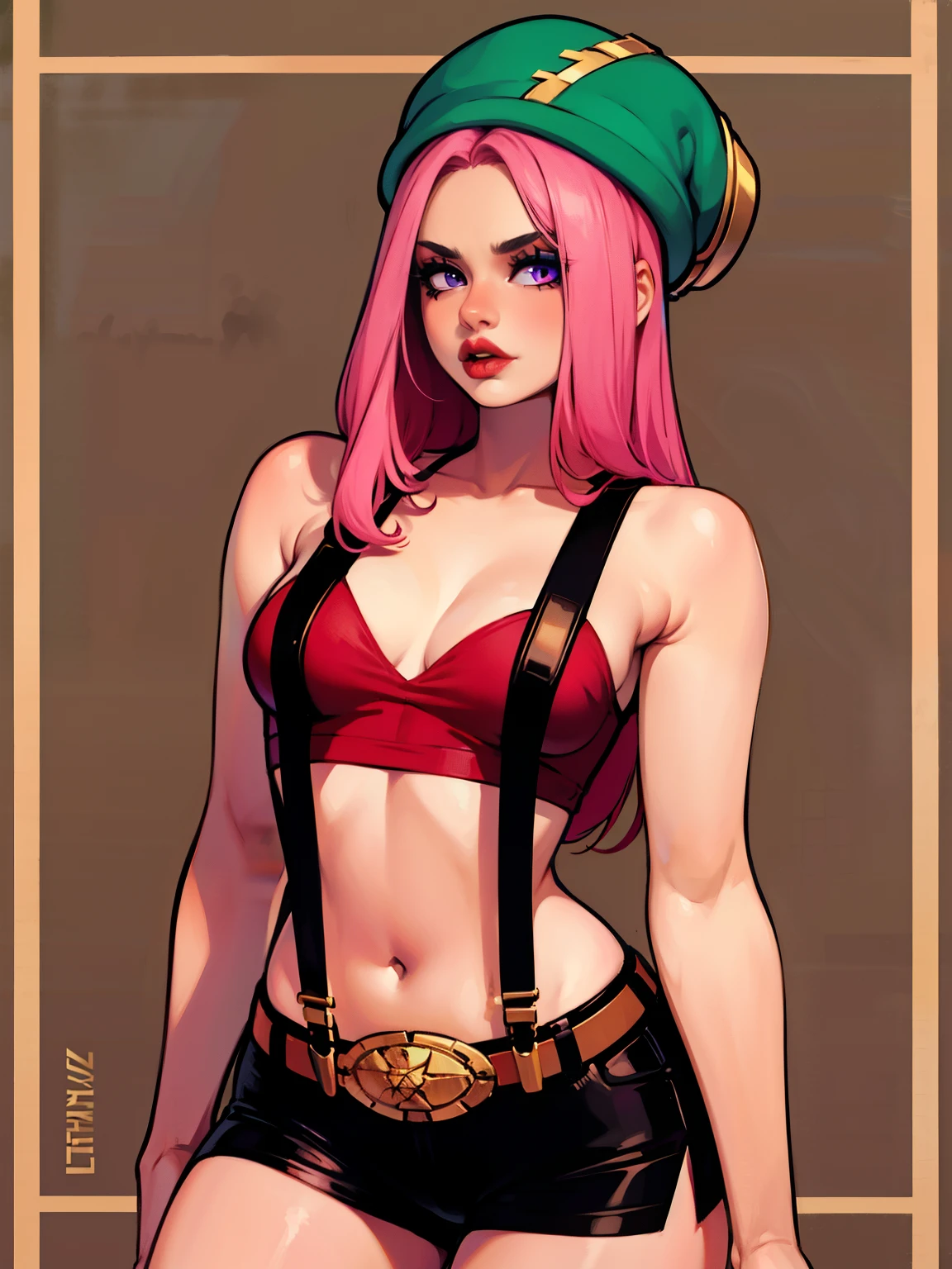 A SEXY GIRL IN A PROVOCATIVE POSE, CUTE SEMI-NAKED GIRL, ((top-quality, 8K, masterpiece:1.3)), A detailed eye, (looking at from the front), Look at the camera, JewelryBonneyV2, half body shot, 1girl, solo, cute asian face, long hair, pink hair, hat, ((slim girl, small breasts, hyperdetailed lips)), red lips, (thighhighs, shorts, suspenders, boots, purple eyes), navel, midriff, crop top, belt, suspender shorts, room detailed background