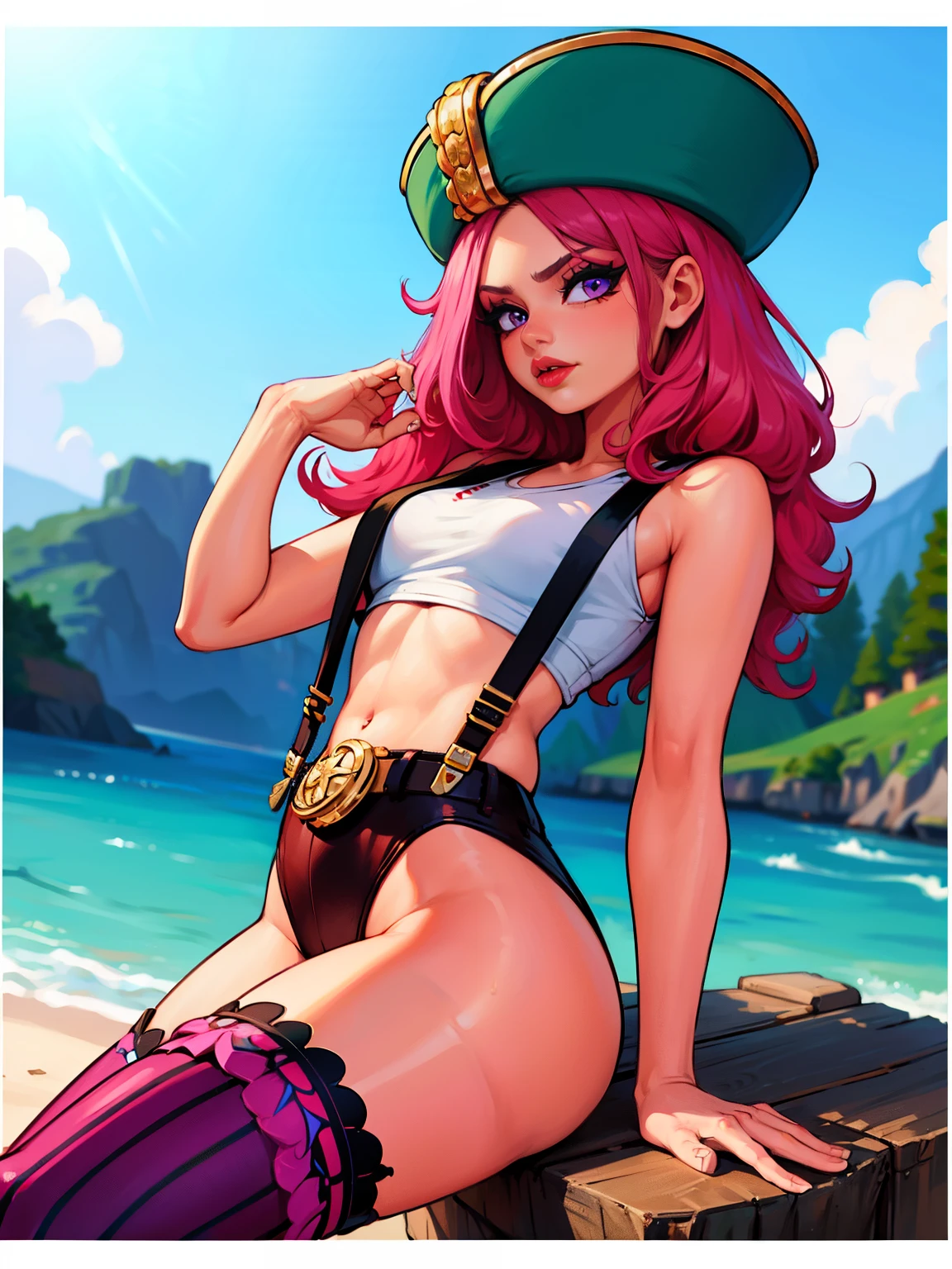 A SEXY GIRL IN A PROVOCATIVE POSE, CUTE SEMI-NAKED GIRL, ((top-quality, 8K, masterpiece:1.3)), A detailed eye, (looking at from the front), Look at the camera, JewelryBonneyV2, half body shot, 1girl, solo, cute asian face, long hair, pink hair, hat, ((slim girl, small breasts, hyperdetailed lips)), red lips, (thighhighs, shorts, suspenders, boots, purple eyes), navel, midriff, crop top, belt, suspender shorts, room detailed background