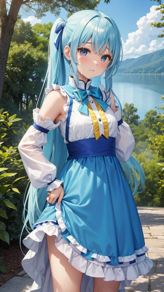 masterpiece, highest quality, Princess_Aqua_KonoSuba, Yellow Dress, Iris, Light blue long hair、Twin tails、 Are standing, (pay: 1.1), cloud, In the woods、White castle by the lake、Near and far、blue sky、A lot of semen on the faceが垂れている、A lot of semen drips onto my face、Sobbing、Crying face、Sad look、Tears flow、A lot of semen on the face、Semen dripping from her mouth、Semen dripping from my mouth、Covered in semen all over the face、Semen dripping on hair