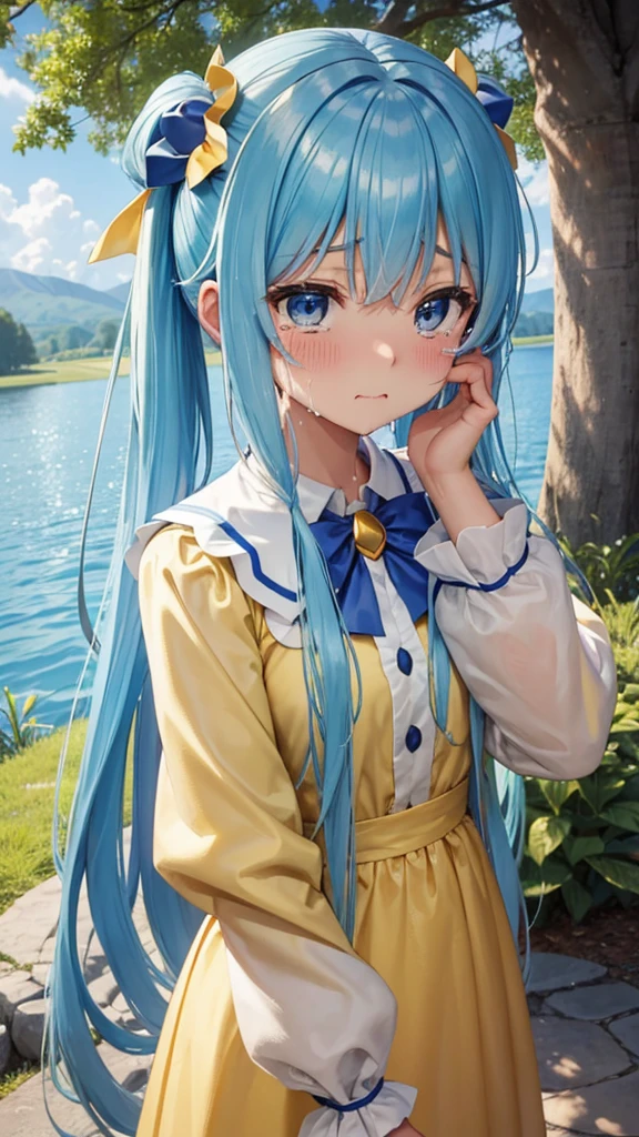 masterpiece, highest quality, Princess_Aqua_KonoSuba, Yellow Dress, Iris, Light blue long hair、Twin tails、 Are standing, (pay: 1.1), cloud, In the woods、White castle by the lake、Near and far、blue sky、A lot of semen on the faceが垂れている、A lot of semen drips onto my face、Sobbing、Crying face、Sad look、Tears flow、A lot of semen on the face、Semen dripping from her mouth、Semen dripping from my mouth、Covered in semen all over the face、Semen dripping on hair
