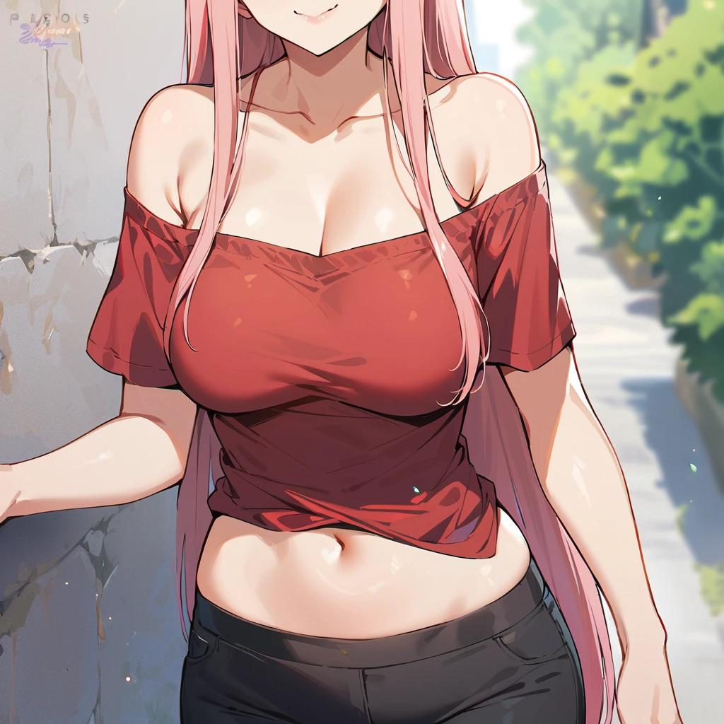 (masterpiece, best quality:1.2), 1girl, solo,
long hair, Zero two, falda corta, playera negra corta, muslos grandes, pechos grandes, muslos grandes, medias 