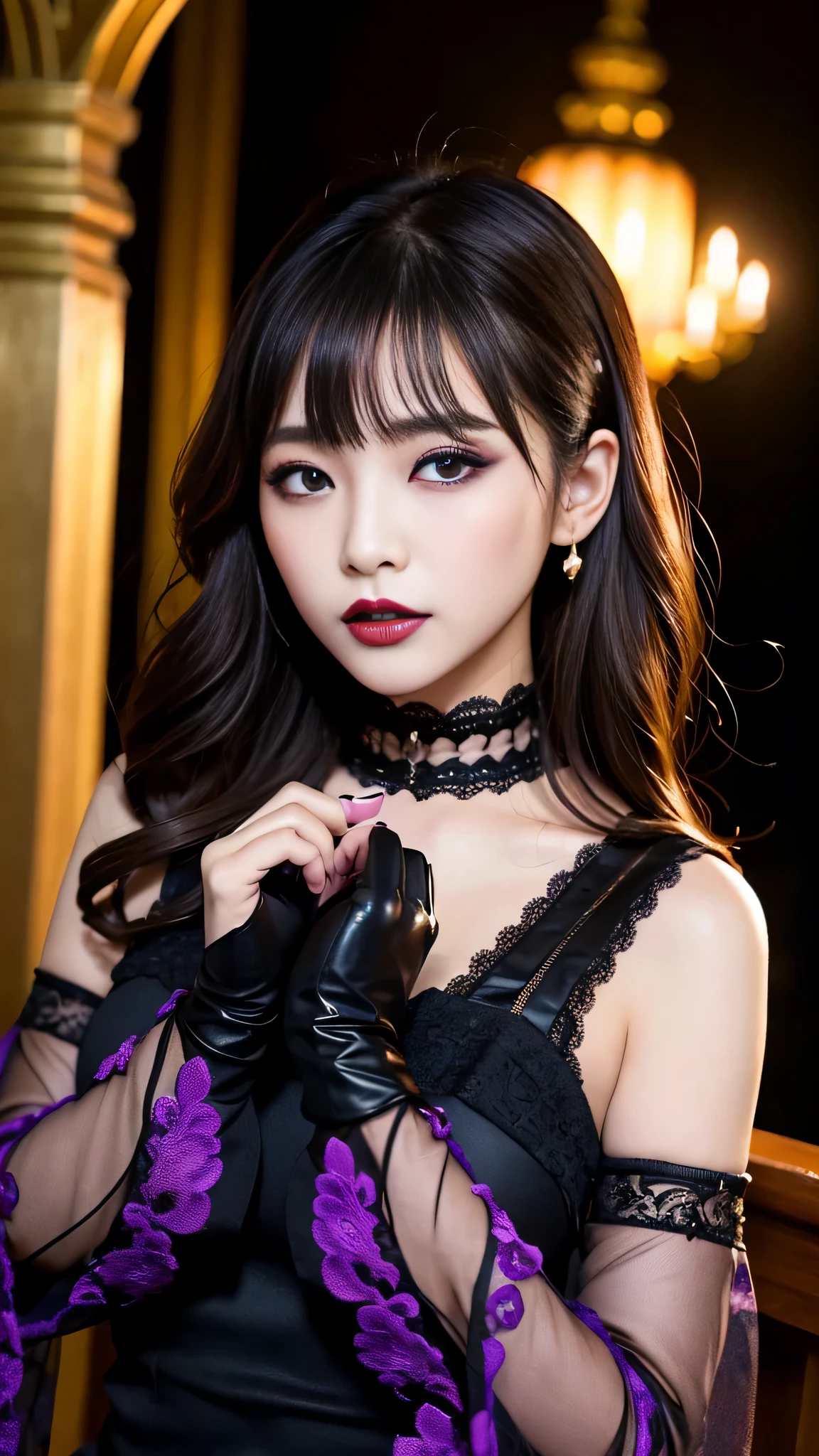 tra-detailed、Japanese、Attractive beauty、seductive adult woman、Pretty Woman、cool girl、brown hair、wavy hair、swept bangs、piercing eyes、hollow eyes、half-closed eyes、Hollow Eyes、Purple Eyeshadow、black lipstick、black lip gloss、dark makeup、smirk、Evil expression、Black Party dress、Wide sleeves、lace fabric gloves、Evil cadres、Fallen into evil、brainwash、mind control、evil、Church at night、Swear allegiance、Have lipstick、Are standing