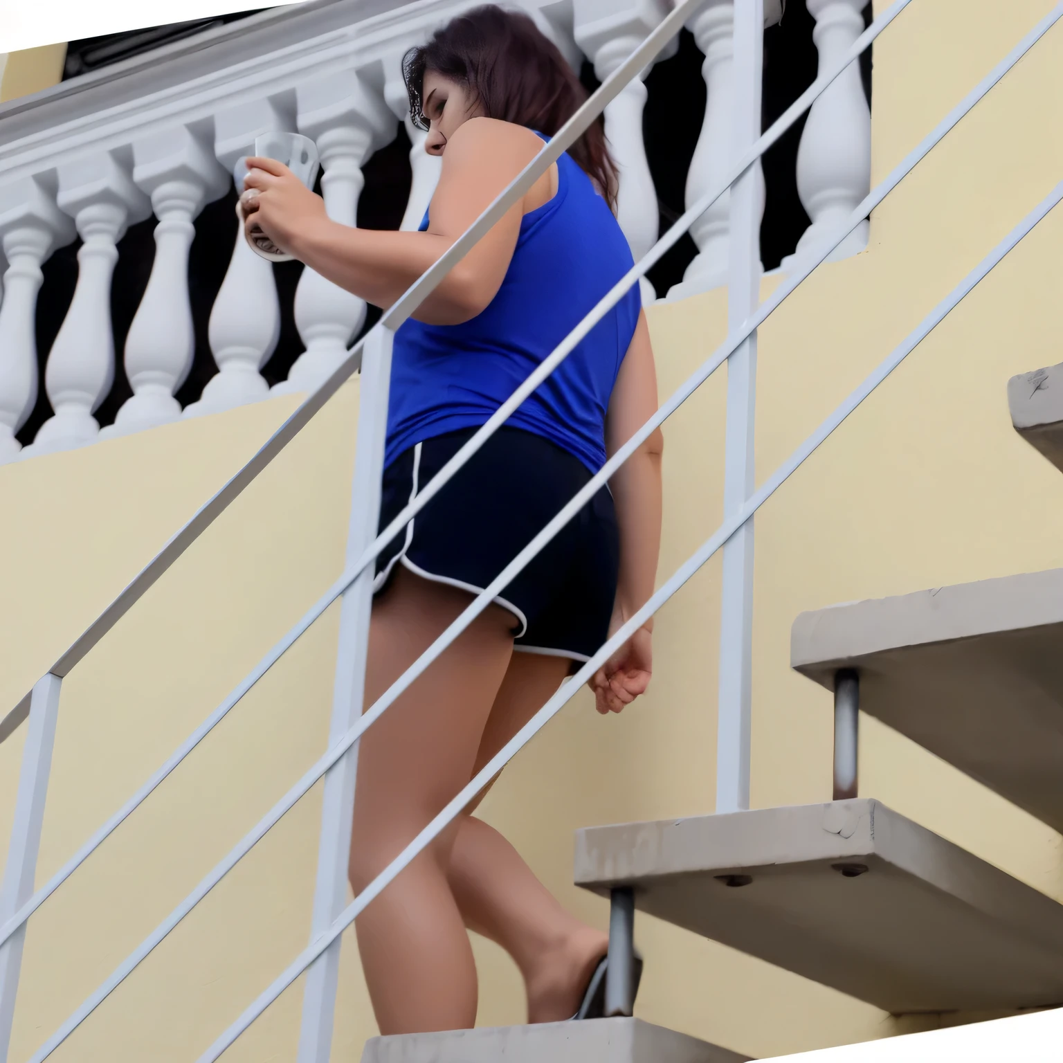 Beautiful woman in an indigo blue t-shirt and very short black shorts walking down the steps of a staircase with a metal handrail, in very short dark blue shorts, sexy girl wearing shorts, side view of her taking steps, standing on a staircase, balcony scene , wearing a top and shorts, dark blue shorts, on a balcony, photo on the side, wearing a t-shirt and shorts. She wears dark blue micro shorts and a blue tank top, very short shorts that show off her athletic physique. Photo taken from behind. The sunlight dances across her skin, highlighting her curves and giving the scene a dreamy look. Beautiful woman, extremely sexy, very sensual. Masterpiece: 1.3, high resolution, (photographically realistic), 8k, 8K, NUDE, NUDITY, NFSW