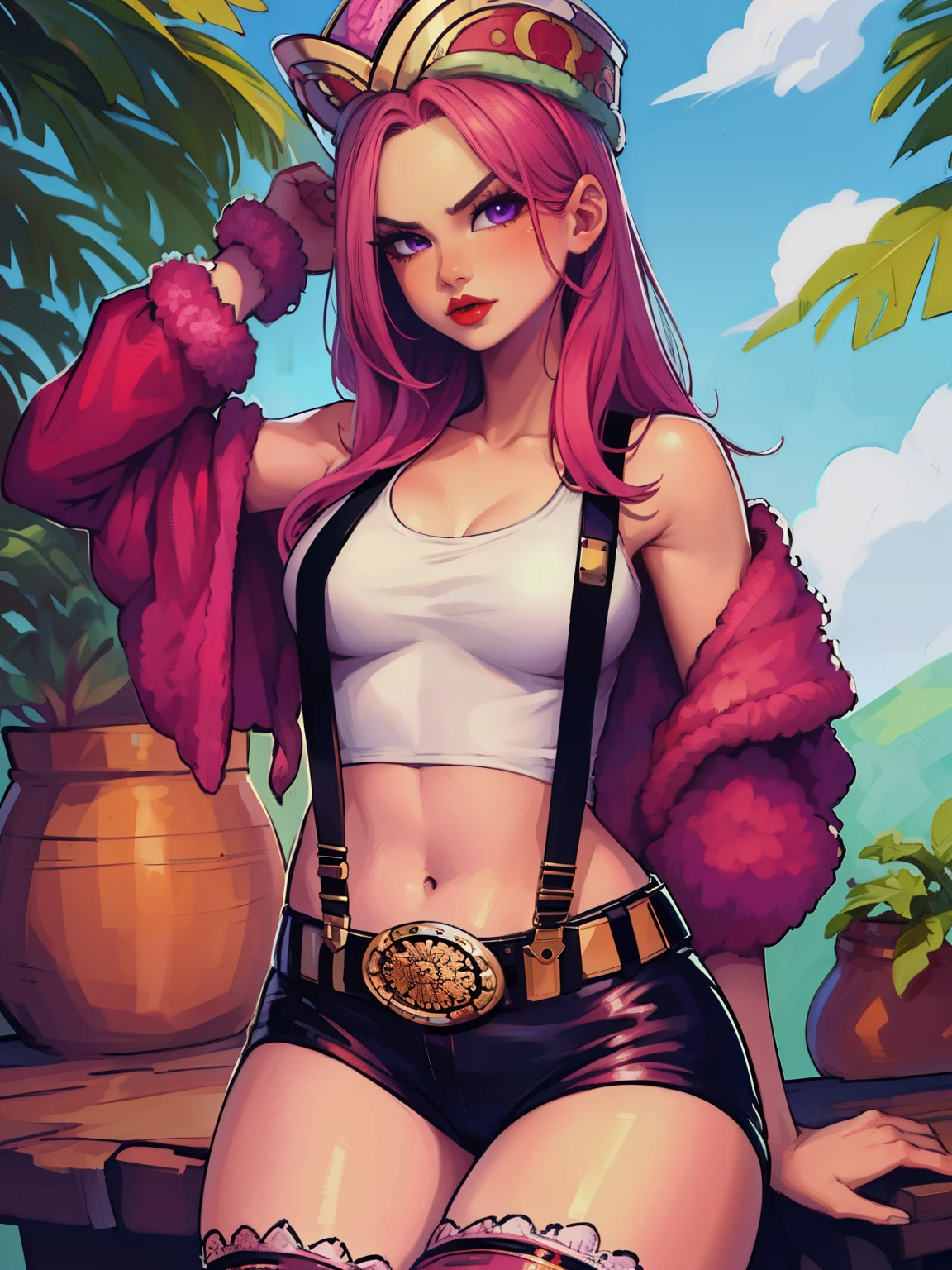 A SEXY GIRL IN A PROVOCATIVE POSE, CUTE SEMI-NAKED GIRL, ((top-quality, 8K, masterpiece:1.3)), A detailed eye, (looking at from the front), Look at the camera, JewelryBonneyV2, half body shot, 1girl, solo, cute asian face, long hair, pink hair, hat, ((slim girl, small breasts, hyperdetailed lips)), red lips, (thighhighs, shorts, suspenders, boots, purple eyes), navel, midriff, crop top, belt, suspender shorts, complex detailed background
