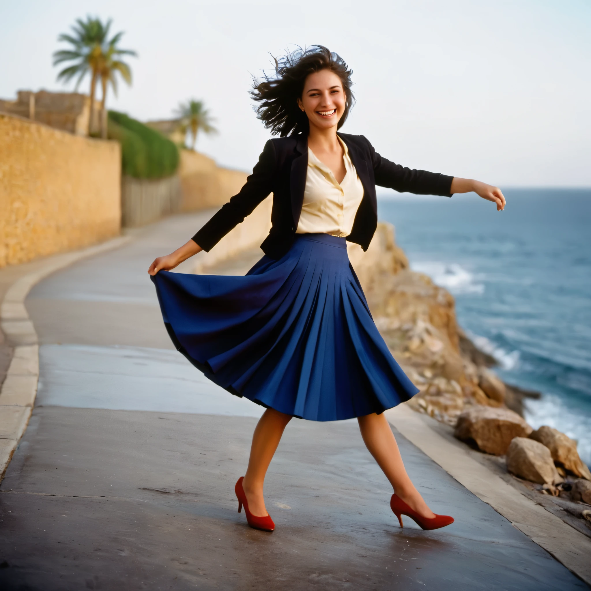 A smiling, authentic, (shy:1,3), kind, beautiful woman, is passionately in love with her skirt, dancing while wind lifts her skirt, wearing short blazer and very, very detailed (long (fully pleated) full circle skirt) and (low heeled court shoes), very, very intricate hyper-detailed symmetric (attractive graceful young feminine face) with (sad, tired eyes and a loving smile), very voluptuous breasts, full of empathy and compassion and love, (pronounced (feminine) features), (highly detailed ultra accurate realistic) hands and fingers, (windy), epic composition, highly detailed attributes, (35mm f1.4 Kodak portra 400 photograph), extremely high quality RAW photograph, highly detailed atmosphere, cinematic shot, dynamic lighting, 75mm, Technicolor, Panavision, cinemascope, sharp focus, fine details, 8k, HDR, realism, realistic, key visual, film still, superb cinematic color grading, depth of field