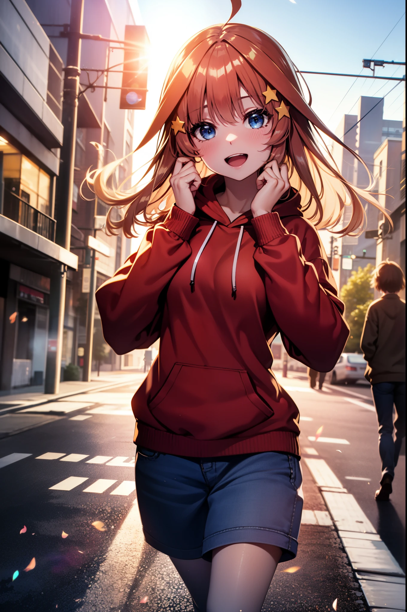 itsukinakano, Itsuki Nakano, bangs, blue eyes,Ahoge, Redhead, star \(symbol\),hair ornaments, star hair ornaments,happy smile, smile, Open your mouth,Short braided hair,red oversized hoodie,Shorts,White pantyhose,short boots,(Great Laugh:1.1), (Open your mouth:1.1), Sun glare, Bokeh, Written boundary depth, blurred background, Particles of light, Strong winds, (Heart Particles:1.1)
break outdoors,In town,City Street,Building district , break looking at viewer,whole body, (Cowboy Shot:1. 5), break (masterpiece:1.2), highest quality, High resolution, unity 8k wallpaper, (shape:0.8), (Beautiful details:1.6), Highly detailed face, Perfect lighting, Highly detailed CG, (Perfect hands, Perfect Anatomy),