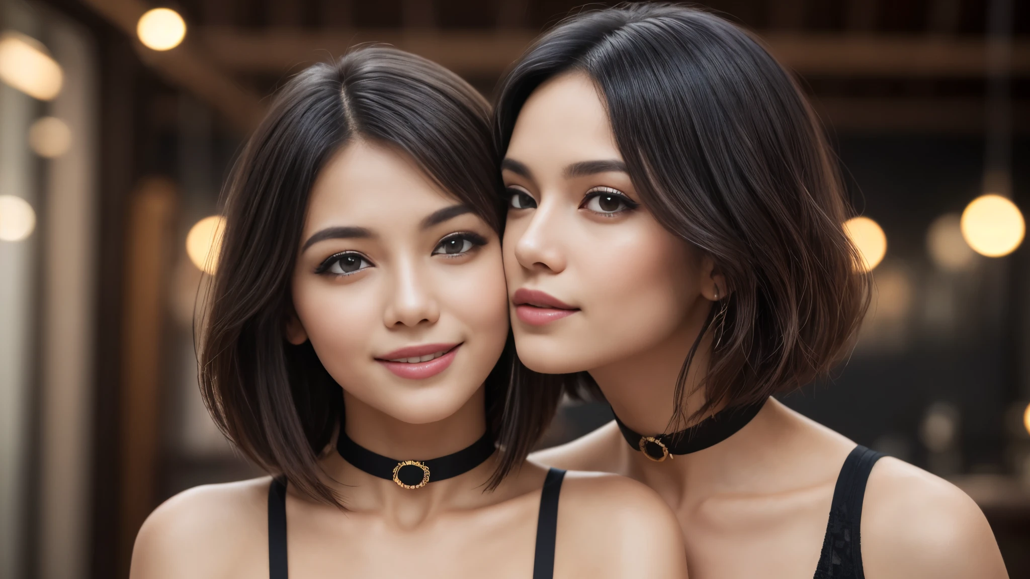 Isabela Merced and friend, portrait photo, close-up of face, bob_cut hair, smiling seductively, choker, Sexy smile, (kissing:1.2), masterpiece,best qualtiy,hdr, hyper HD, 8K,Bokeh,Ultra-fine painting,Sharp focus,Physically-based rendering,Extreme detail description,portraitures,full-body photo, , (skin texture:1.1), (high detail face:1.1),high detail body, high detail clothes, perfect eyes, perfect hands, perfect body, perfect hair, (Big breasts:1.3), (EOS R8, 50 millimeters, F1.2, 8K, RAW photo:1.2), photograph by arny freytag