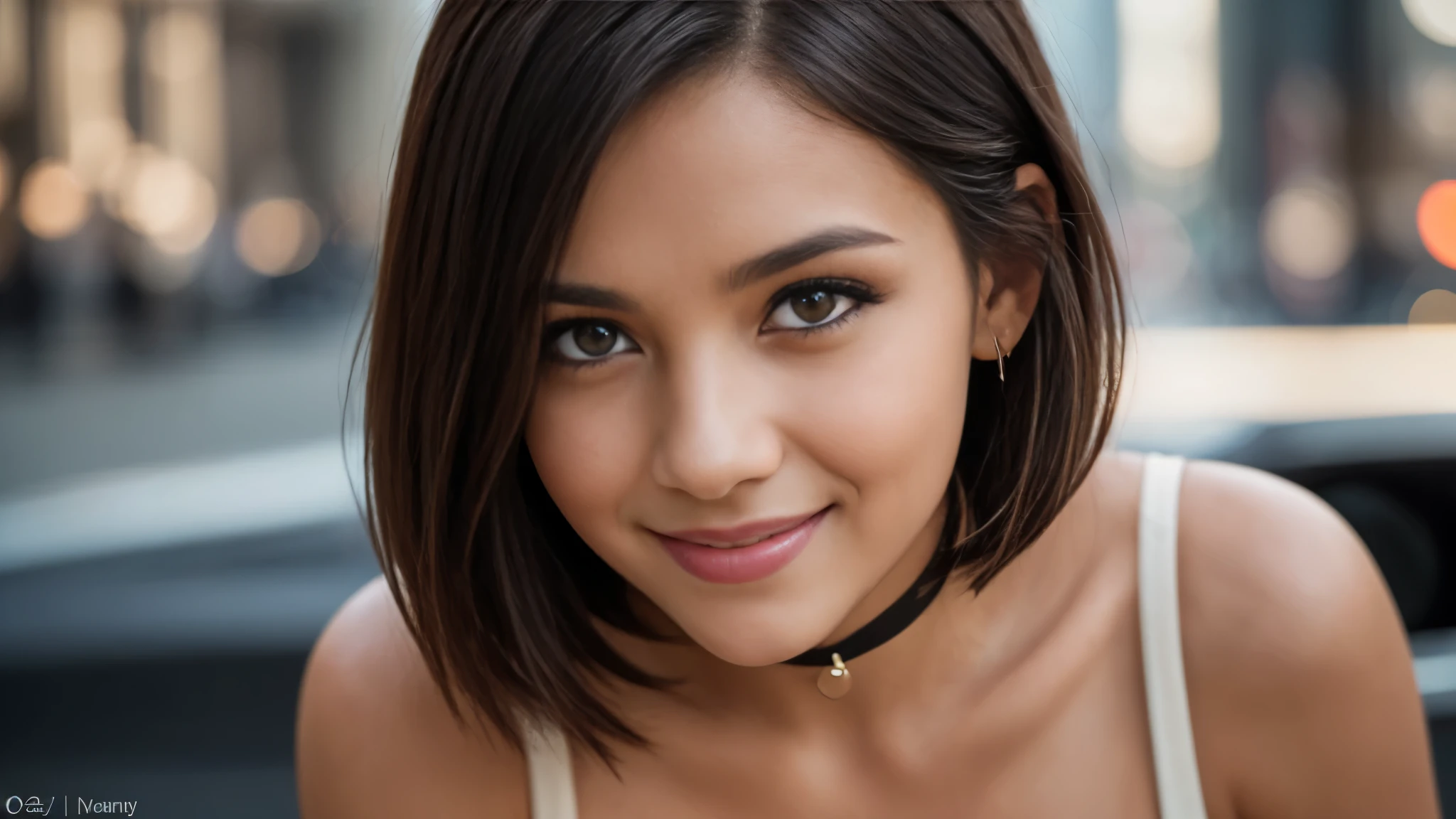 Isabela Merced and friend, portrait photo, close-up of face, bob_cut hair, smiling seductively, choker, Sexy smile, (kissing:1.2), masterpiece,best qualtiy,hdr, hyper HD, 8K,Bokeh,Ultra-fine painting,Sharp focus,Physically-based rendering,Extreme detail description,portraitures,full-body photo, , (skin texture:1.1), (high detail face:1.1),high detail body, high detail clothes, perfect eyes, perfect hands, perfect body, perfect hair, (Big breasts:1.3), (EOS R8, 50 millimeters, F1.2, 8K, RAW photo:1.2), photograph by arny freytag