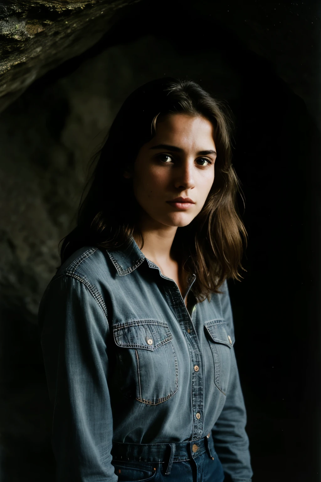 photograph of a woman, (troubled facial expression), textured skin, goosebumps, European  brown hair, plaid flannel shirt with distressed boyfriend jeans, cowboy shot, dark and mysterious cave with unique rock formations and hidden wonders, perfect eyes, (candlelight,chiaroscuro), Porta 160 color, shot on ARRI ALEXA 65, bokeh, sharp focus on subject, shot by Don McCullin