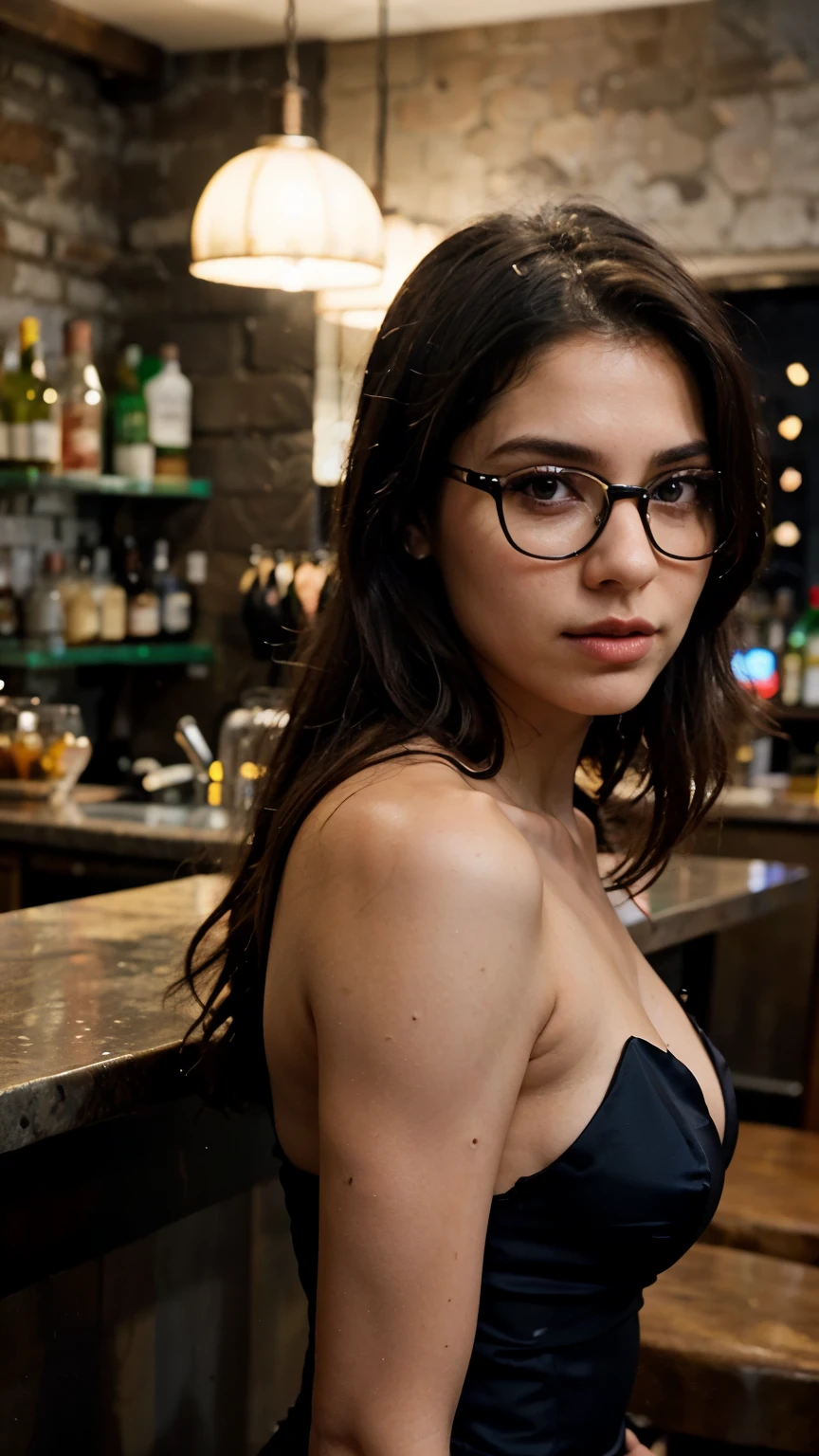 Adriana Morales stands at a bar wearing an evening dress, sexy kleidung, wearing spectacles, analog style, Adriana Morales is a beautiful young spanish girl indoor wide shot, professional photograph, full body photo, beautiful rectangular face, cute natural makeup, ultra realistic, elegant, highly detailed, sharp focus, studio lights, soft skin, beautiful eyes, minimal makeup, straight hair, cutting-edge photo professionally enhance the colors and details of photo, flawless and high-quality retouch, skin texture in focus, sharp focus, bokeh on background, abstract background, abstract lights, light sources from sides, backlight, counter light, vibrant colors, dual color lights, black and white still, digital Art, perfect composition, beautiful detailed intricate insanely detailed octane render trending on artstation, 8 k artistic photography, photorealistic concept art, soft natural volumetric cinematic perfect light,
