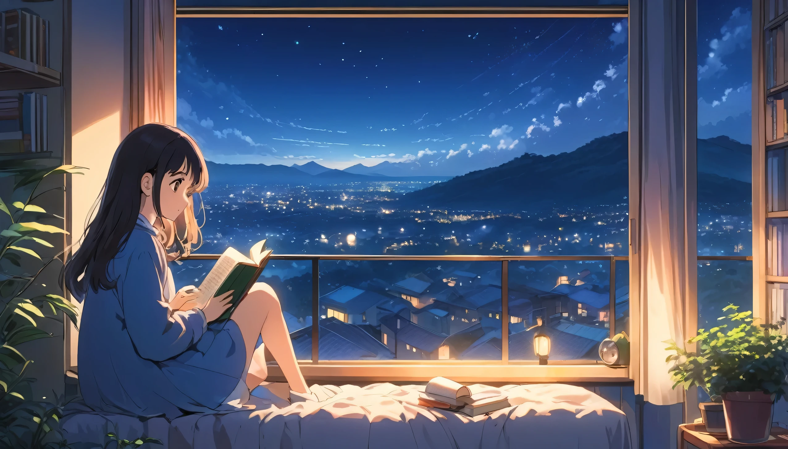 Ghibli-like landscape, college age girl reading a book, city night view from room, girl alone, enraptured expression looking out window, cute anime-like girl, relaxing in room, image ratio 16:9 in landscape