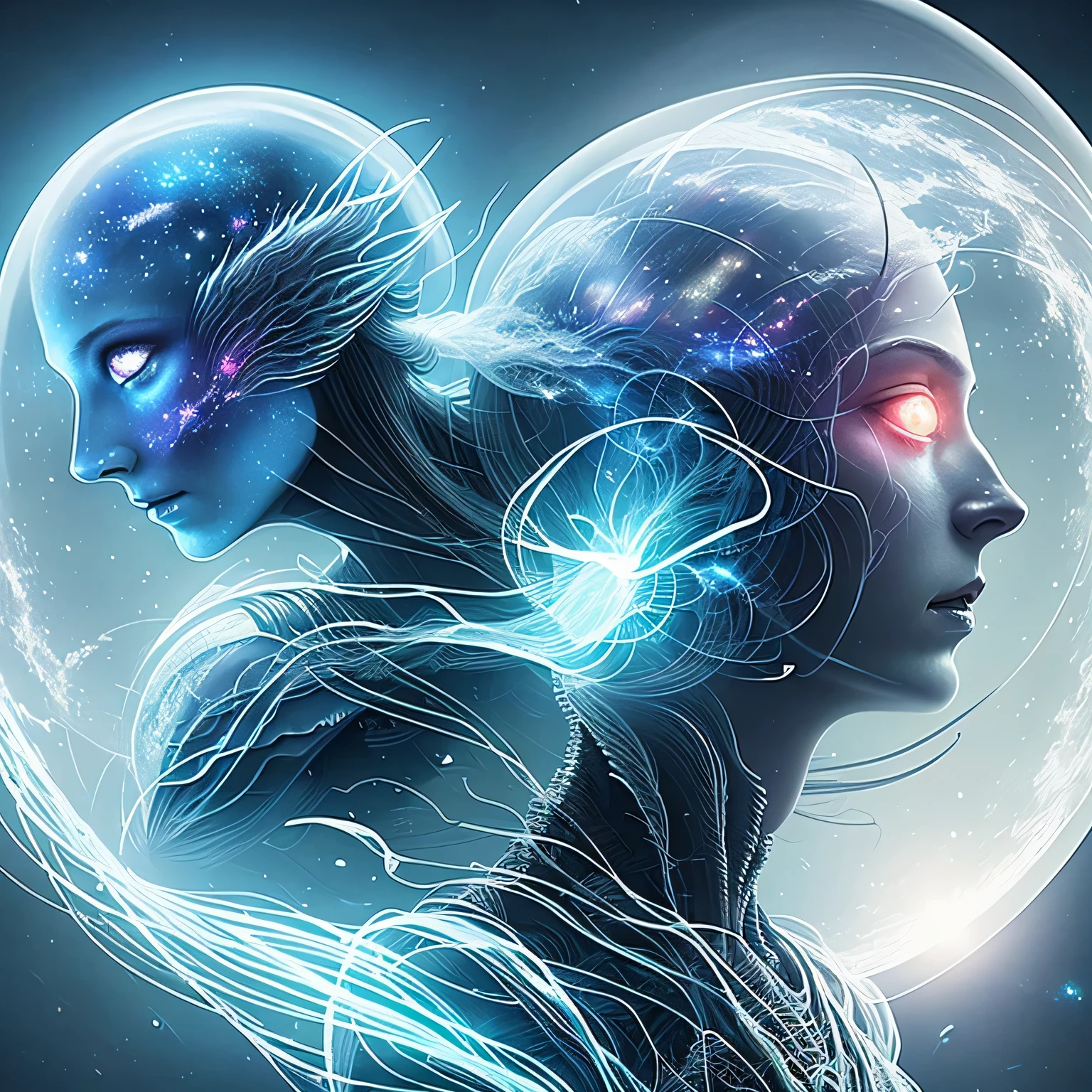 Masterpiece, fan art, full art, a translucent ethereal alien with delicate features in a sci-fi setting, glowing from within, sparks and lights, moonlight, moon, close-up, realistic, highly detailed, intricate, amazing thing