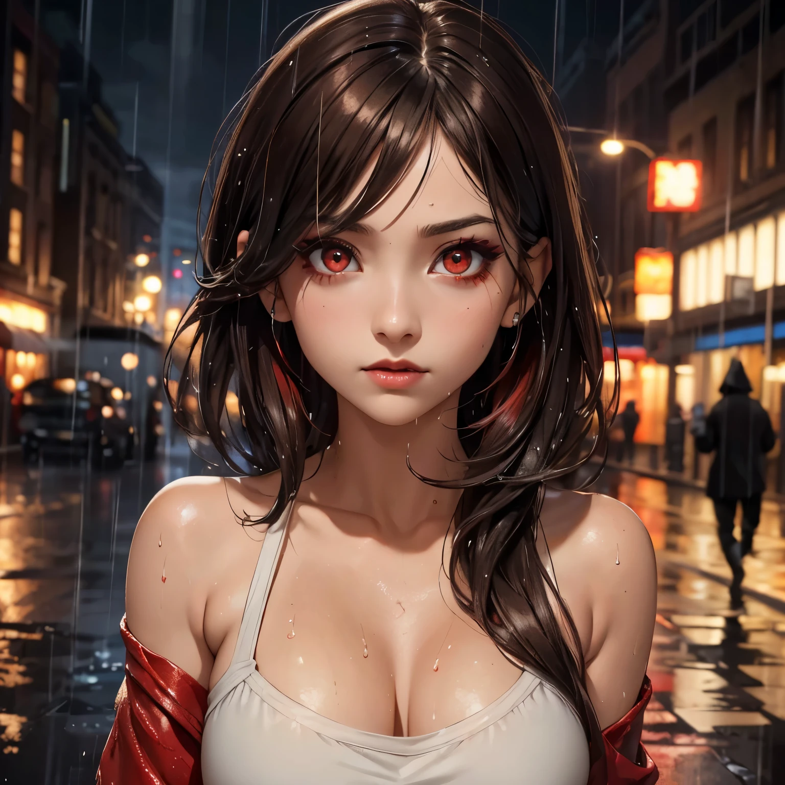 a girl, big eyes, ((bright eyes)), ((red eyes:1.13)), beautiful expressive red eyes, black hair with red highlights, short messy hair with long sides, medium breasts wearing white short shirt, black shorts , lipstick, ((eye shadow)), body covered in tattoos, beautiful girl, (perfect body beauty: 1.4, symmetrical face with harmonious features, authentic skin texture, masterpiece, best quality, cinematic lighting, skin textured, anatomically correct, high detail, realism, high resolution, 8k wallpaper unit, depth of field, street, rains, wet body:1.2, water splashes on the street.