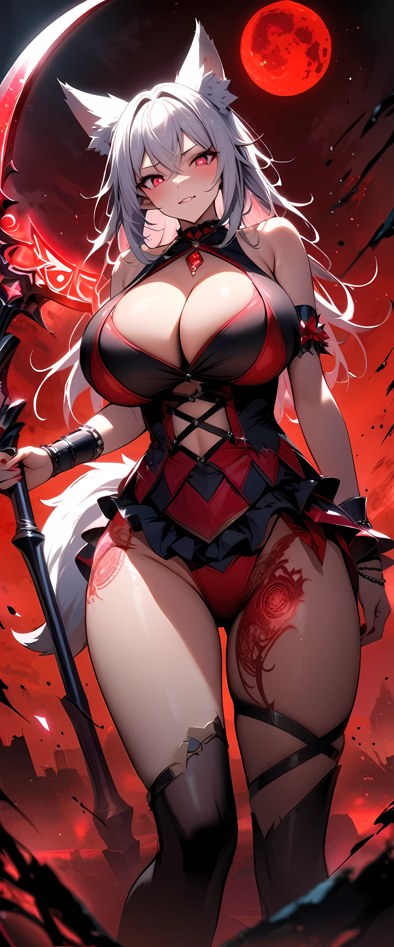 (masterpiece), best quality, expressive eyes, perfect face,((1girl)),animal ears,animal tail,(wolf ears, wolf tail),((silver hair)),(glowing red pupils),(huge breasts:1.2),cleavage,(wolf girl:1.5),(dark red and black idol:1.5),crystal pendant,pointy ears,armlets,bracelets,evil smile,standing,head tilt,dynamic angle,sexy pose,(red moon scenary),(red night:1.1),(red sky 1:1),magic circles,red chains,weapon,scythe,holding weapon down,tatoos all over body