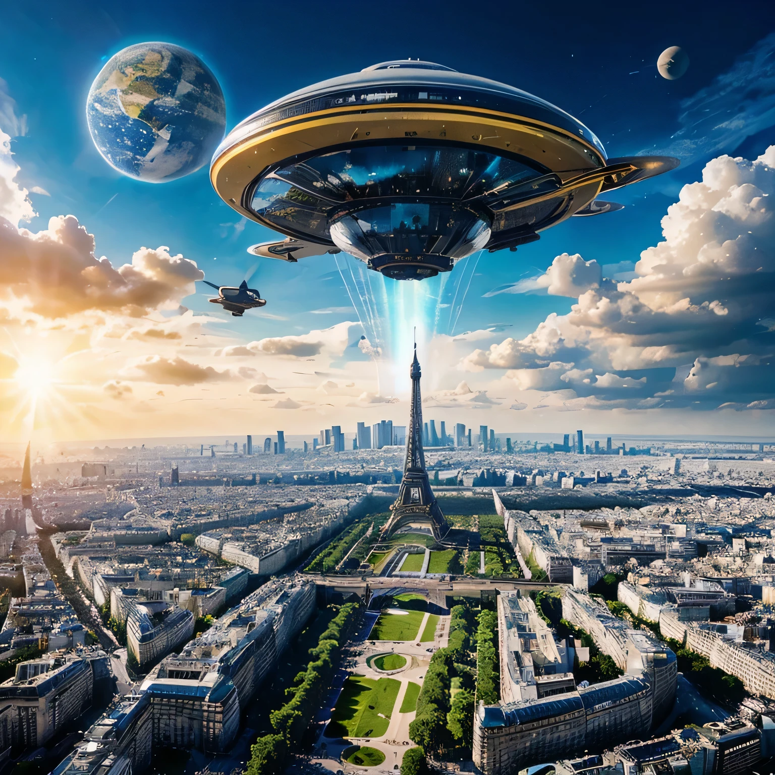 Futuristic and cybernetic photo of paris, flying taxi, stunning, ringed planet in the Sky, utopian metropolis, spaceship flies in the distance, masterpiece, high quality, best resolution, UHD, detailed, realistic, 8k