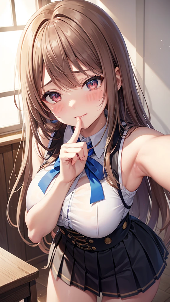 game , Nikke, the goddess of victory, Neat , Light brown hair,  Captivating eyes ,beautiful face , Crystal Red Eye , Long Hair , Women&#39;s blue striped sleeveless shirt, Underarm, blue high waist pleated skirt ,Selfie style,G-cup breasts, Narrow waist, Captivating thighs, 5 fingers on each hand, both hands ,2 basics , In the homeroom , beautiful, Place your hands behind your head ,A lot of semen on the faceが垂れている、A lot of semen drips onto my face、Sobbing、Crying face、Sad look、Tears flow、A lot of semen on the face、Semen dripping from her mouth、Semen dripping from my mouth、Covered in semen all over the face、Semen dripping on hair