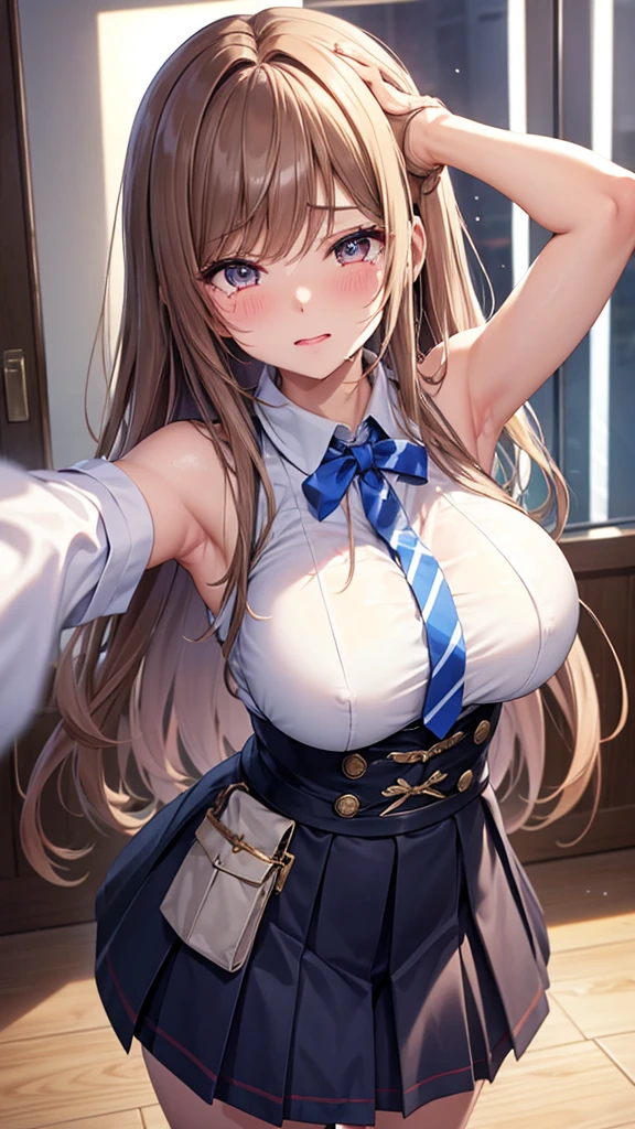 game , Nikke, the goddess of victory, Neat , Light brown hair,  Captivating eyes ,beautiful face , Crystal Red Eye , Long Hair , Women&#39;s blue striped sleeveless shirt, Underarm, blue high waist pleated skirt ,Selfie style,G-cup breasts, Narrow waist, Captivating thighs, 5 fingers on each hand, both hands ,2 basics , In the homeroom , beautiful, Place your hands behind your head ,A lot of semen on the faceが垂れている、A lot of semen drips onto my face、Sobbing、Crying face、Sad look、Tears flow、A lot of semen on the face、Semen dripping from her mouth、Semen dripping from my mouth、Covered in semen all over the face、Semen dripping on hair