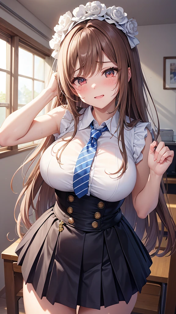 game , Nikke, the goddess of victory, Neat , Light brown hair,  Captivating eyes ,beautiful face , Crystal Red Eye , Long Hair , Women&#39;s blue striped sleeveless shirt, Underarm, blue high waist pleated skirt ,Selfie style,G-cup breasts, Narrow waist, Captivating thighs, 5 fingers on each hand, both hands ,2 basics , In the homeroom , beautiful, Place your hands behind your head ,A lot of semen on the faceが垂れている、A lot of semen drips onto my face、Sobbing、Crying face、Sad look、Tears flow、A lot of semen on the face、Semen dripping from her mouth、Semen dripping from my mouth、Covered in semen all over the face、Semen dripping on hair