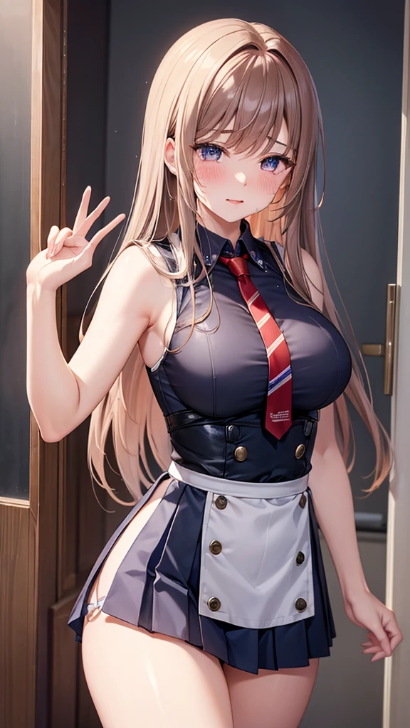 game , Nikke, the goddess of victory, Neat , Light brown hair,  Captivating eyes ,beautiful face , Crystal Red Eye , Long Hair , Women&#39;s blue striped sleeveless shirt, Underarm, blue high waist pleated skirt ,Selfie style,G-cup breasts, Narrow waist, Captivating thighs, 5 fingers on each hand, both hands ,2 basics , In the homeroom , beautiful, Place your hands behind your head ,A lot of semen on the faceが垂れている、A lot of semen drips onto my face、Sobbing、Crying face、Sad look、Tears flow、A lot of semen on the face、Semen dripping from her mouth、Semen dripping from my mouth、Covered in semen all over the face、Semen dripping on hair