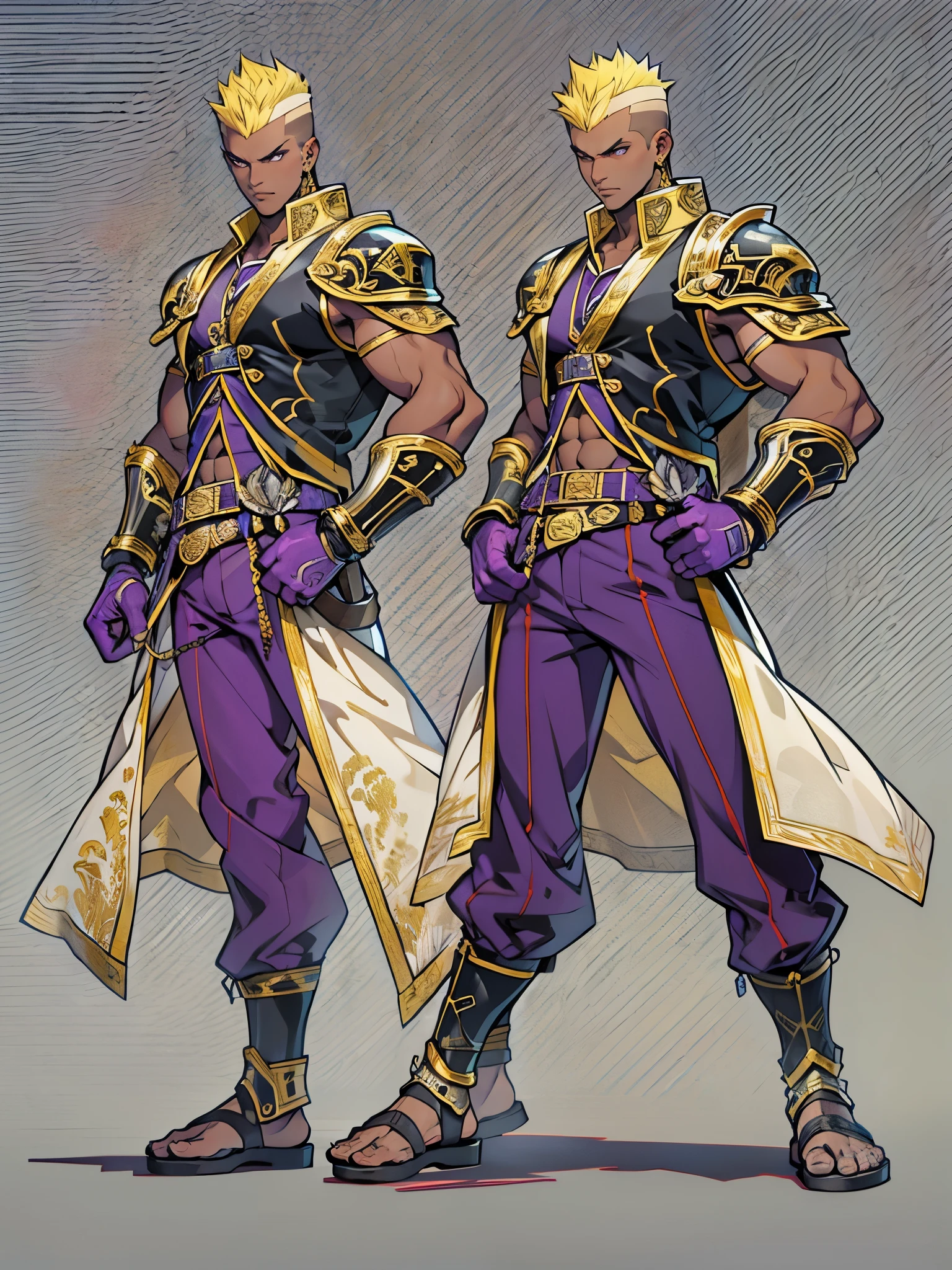 masterpiece, best quality, hyper-detailed, ultra-detailed, hires, 1boy, Brazilian, brown skin, blonde hair, short hair, crew cut, mohawk, dark blue eyes, (gold earrings), abs, light armor, gloves, male focus, muscular, college-age man, sandals, (shoulder armor), solo, standing, toeless legwear, (black vest), purple jacket, purple pants, dynamics fighting pose, fighting stance, fighting tournament ring backdrop, serious, determined, mixed martial arts fighter.