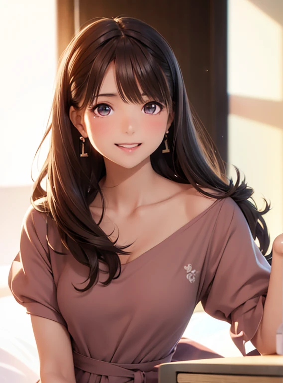 High resolution,In 8K,highest quality,detailed,Semi-realistic anime,Anime 3D Style,Smooth anime CG,One Girl,19-year-old woman in Japan,slim,Modeled,Shiny brown hair,Medium Hair,detailedな顔,Beautiful and detailed,Glowing Skin,Red cut and sew earrings,straggling hair,Angelic hairstyle,Small breasts,((Looking at the camera)),((Laughing with your mouth open))