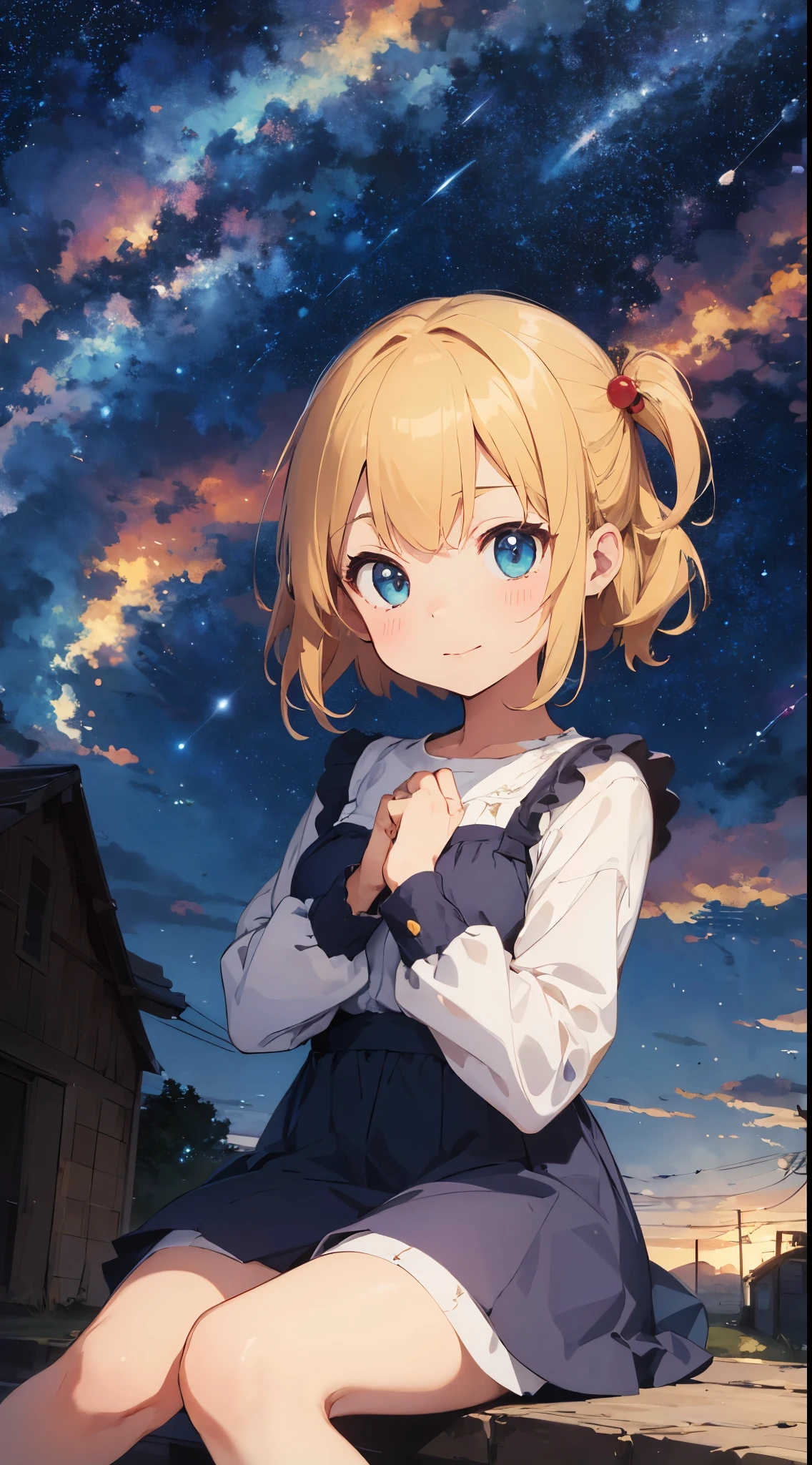 ((top quality)), ((masterpiece)), ((super detailed)), (illustration), (detailed light), (very delicate and beautiful), ,6years old, baby-face,.Animatic Face, ((cute girl:1. 3))、、catch、Sit down and look up、Beautiful dress in every detail、long-sleeve、Ankle-length long skirt、cloaks、Age-appropriate hair ornaments、(Beautiful eyes)、big eye、Blonde with a floating feeling、Ghibli's Worldview、natta、Milky Way Galaxy、Fantastic night sky、a scene from a movie、shooting stars、Grabbing the stars with both hands、Wish on the stars